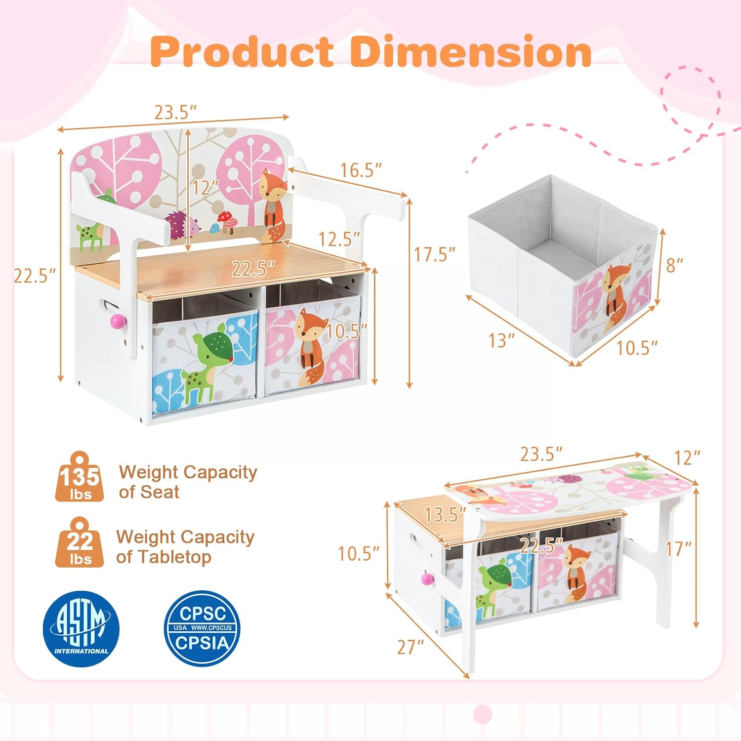 Alternative view of HONEY JOY Kids Table and Chair Set, 3-in-1 Convertible Wooden Toy Storage Bench with Handle, 2 Bins for Kids Reading Nook, Toddler Table and Chair Set for Daycare Playroom Classroom (White)