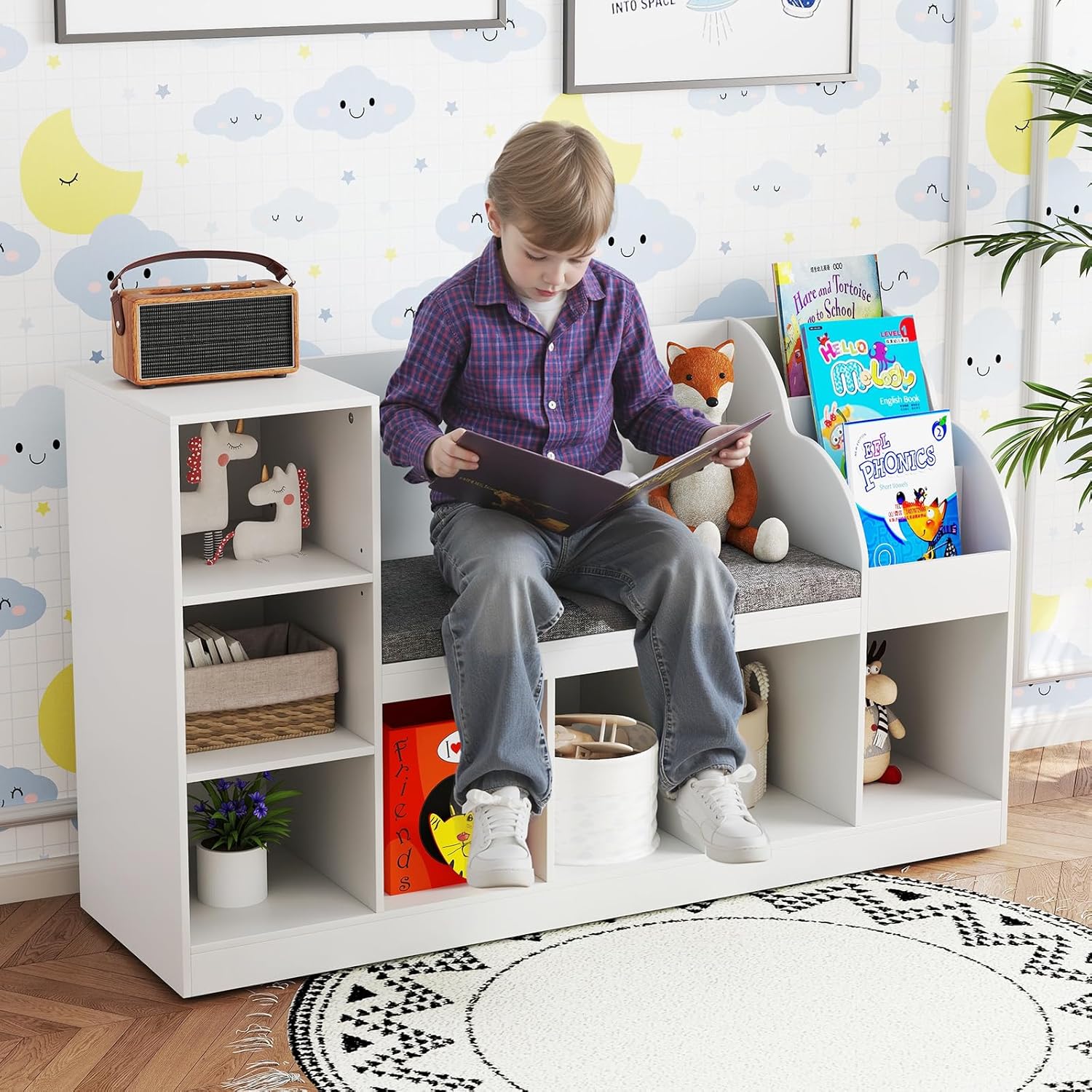 HONEY JOY 53.5" Kids Bookshelf with Reading Nook, Toy Storage Organizer w/Seat Cushion, 7 Cubbies, Kids Display Bookcase w/Bench, Toy Chest and Storage Cabinet for Playroom, Bedroom, Nursery