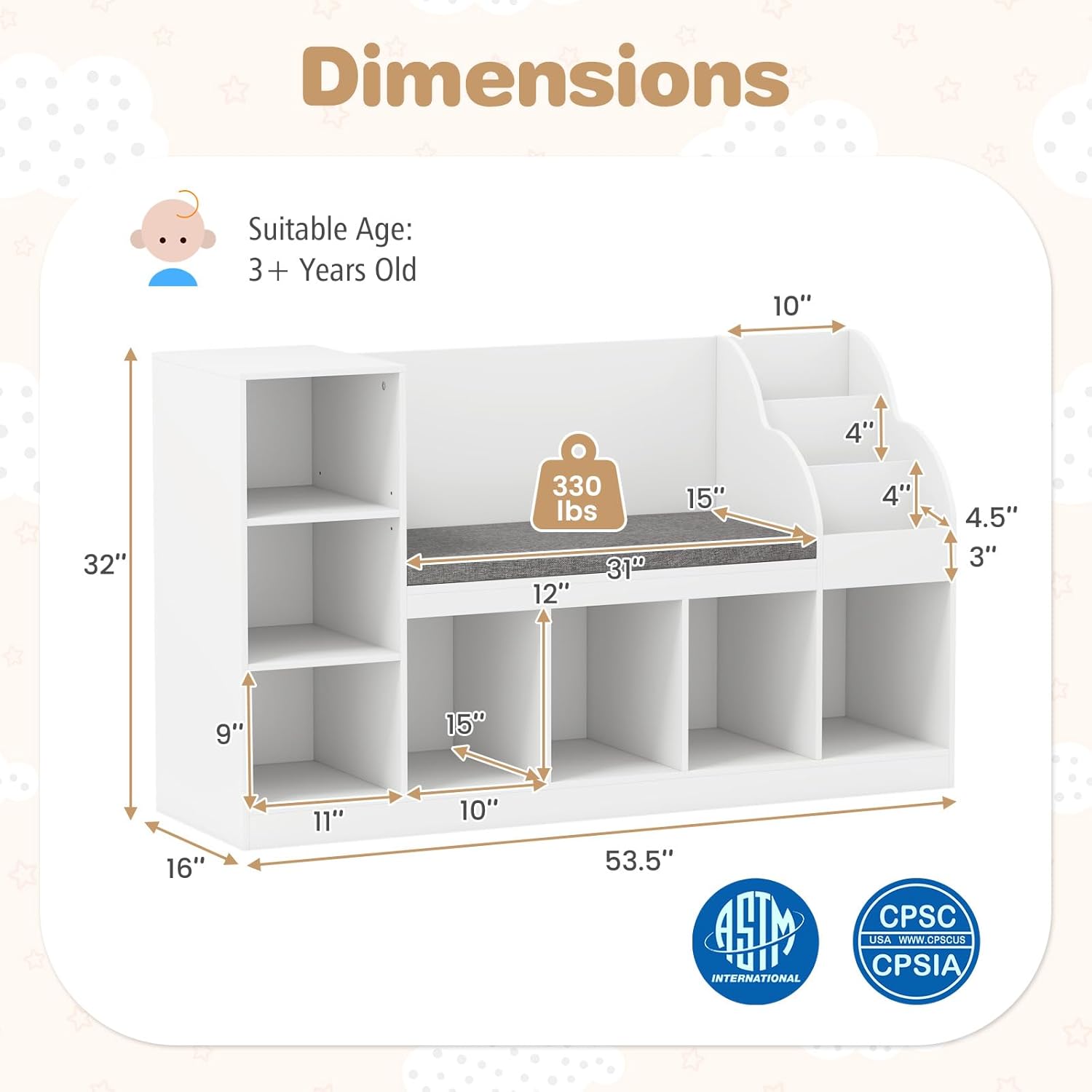 Alternative view of HONEY JOY 53.5" Kids Bookshelf with Reading Nook, Toy Storage Organizer w/Seat Cushion, 7 Cubbies, Kids Display Bookcase w/Bench, Toy Chest and Storage Cabinet for Playroom, Bedroom, Nursery