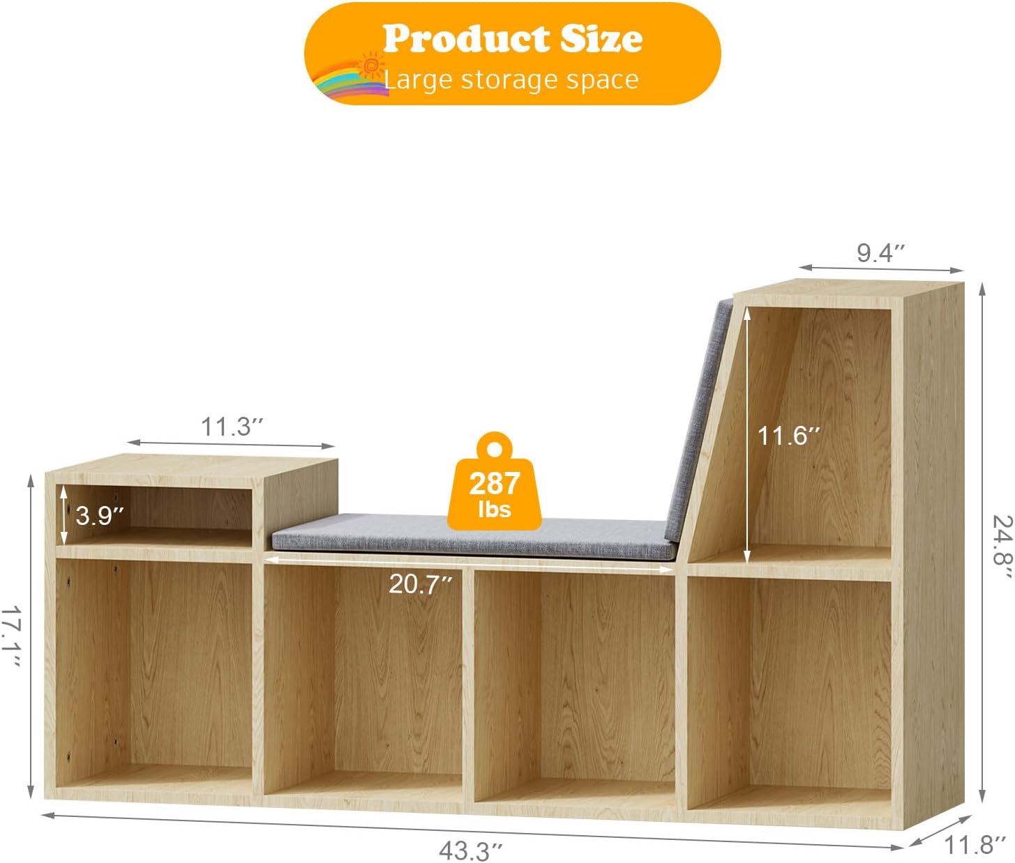 HedoAjim Kids Reading Nook with Storage, 6 Cubby Children Bookshelf with Soft Seat Cushion, Toddler Reading Bench for Playroom,Bedroom,Living Room，(Burlywood)