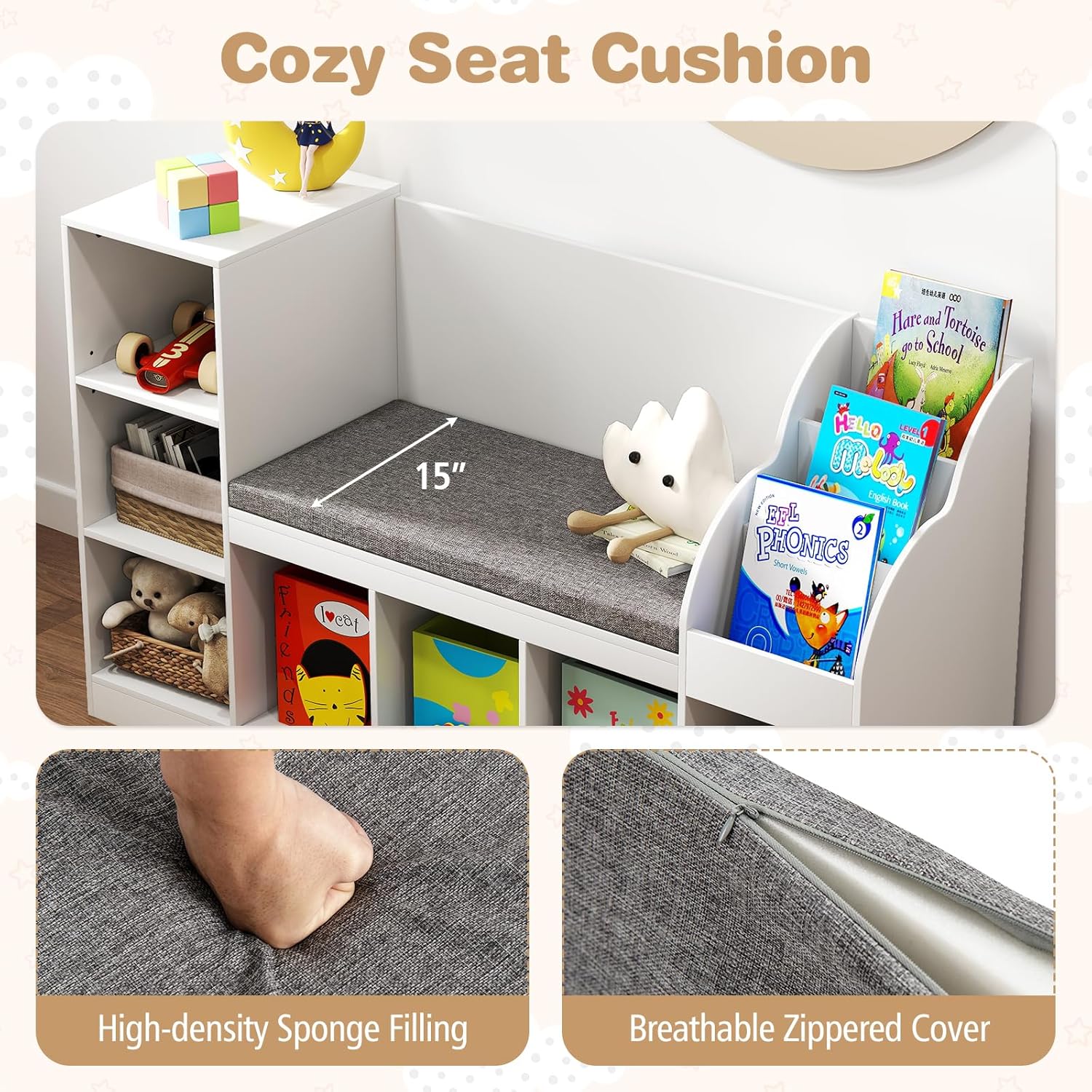 HONEY JOY 53.5" Kids Bookshelf with Reading Nook, Toy Storage Organizer w/Seat Cushion, 7 Cubbies, Kids Display Bookcase w/Bench, Toy Chest and Storage Cabinet for Playroom, Bedroom, Nursery - Image 3