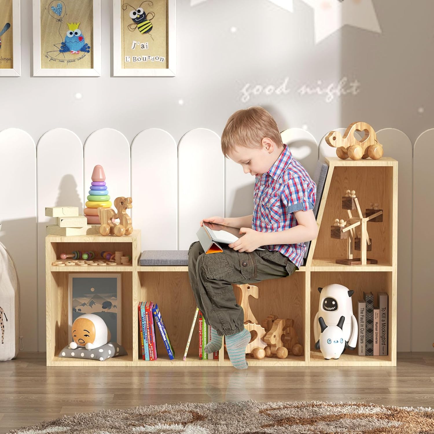 Alternative view of HedoAjim Kids Reading Nook with Storage, 6 Cubby Children Bookshelf with Soft Seat Cushion, Toddler Reading Bench for Playroom,Bedroom,Living Room，(Burlywood)