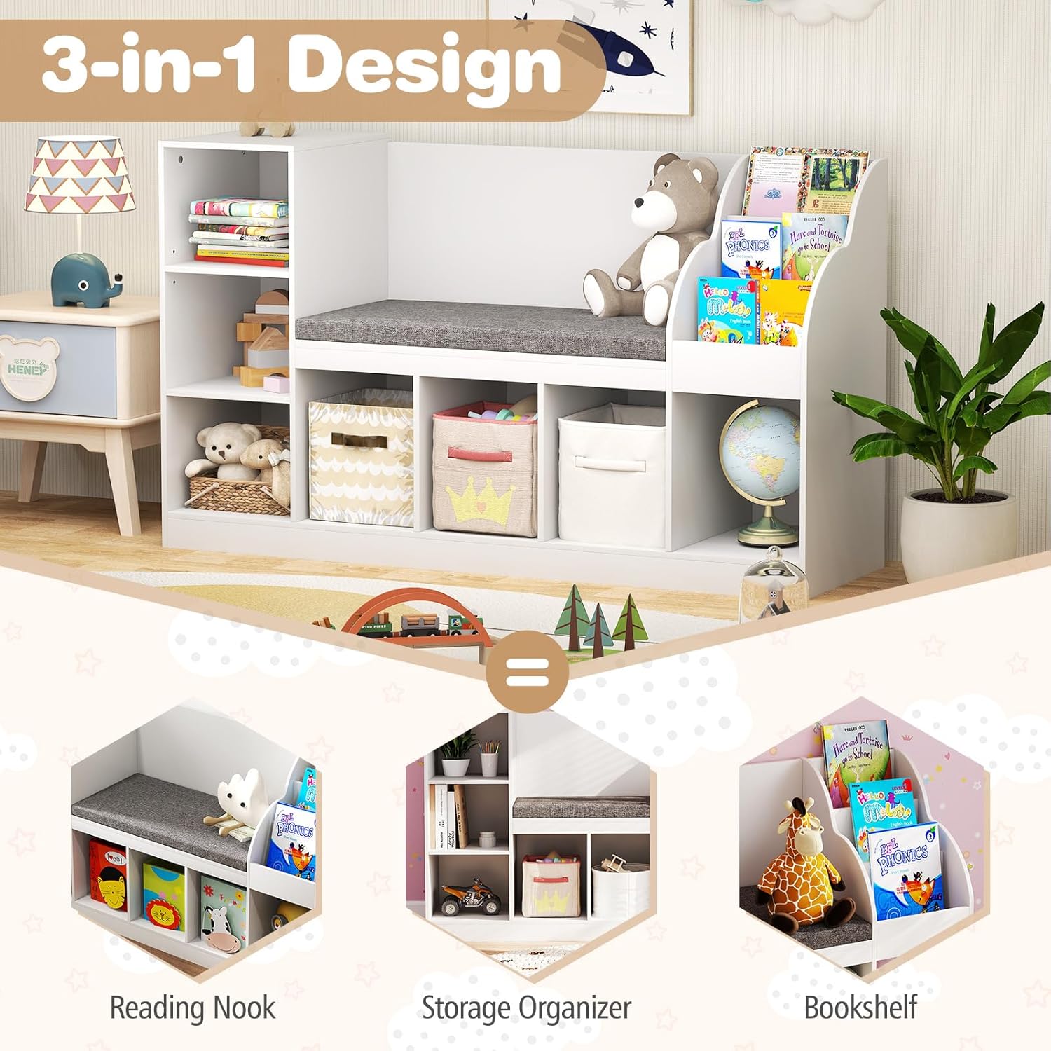 HONEY JOY 53.5" Kids Bookshelf with Reading Nook, Toy Storage Organizer w/Seat Cushion, 7 Cubbies, Kids Display Bookcase w/Bench, Toy Chest and Storage Cabinet for Playroom, Bedroom, Nursery - Image 4