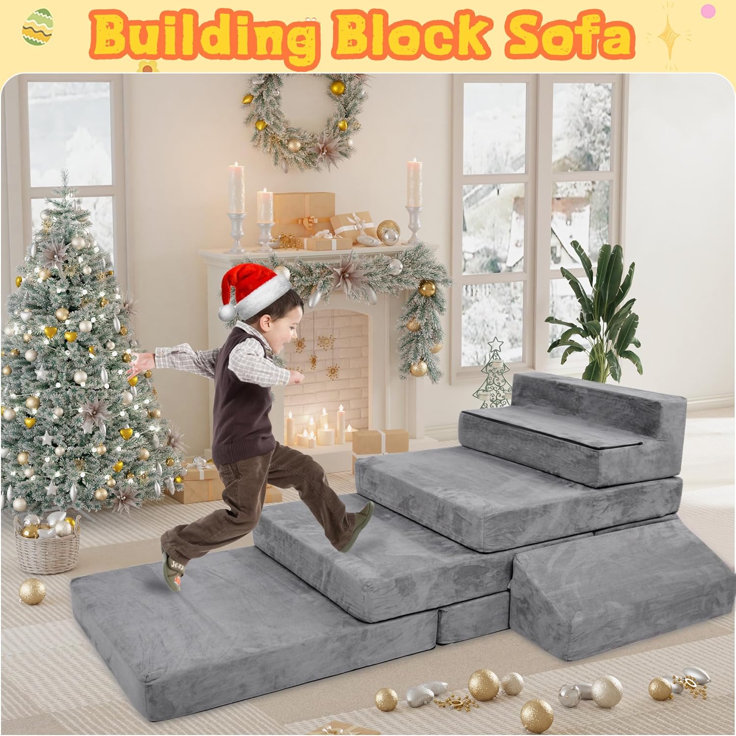 LFCREATOR Kids Play Couch, Modular Convertible Play Couch for Toddler and Baby Playroom/Bedroom, Gift for Kids, Grey