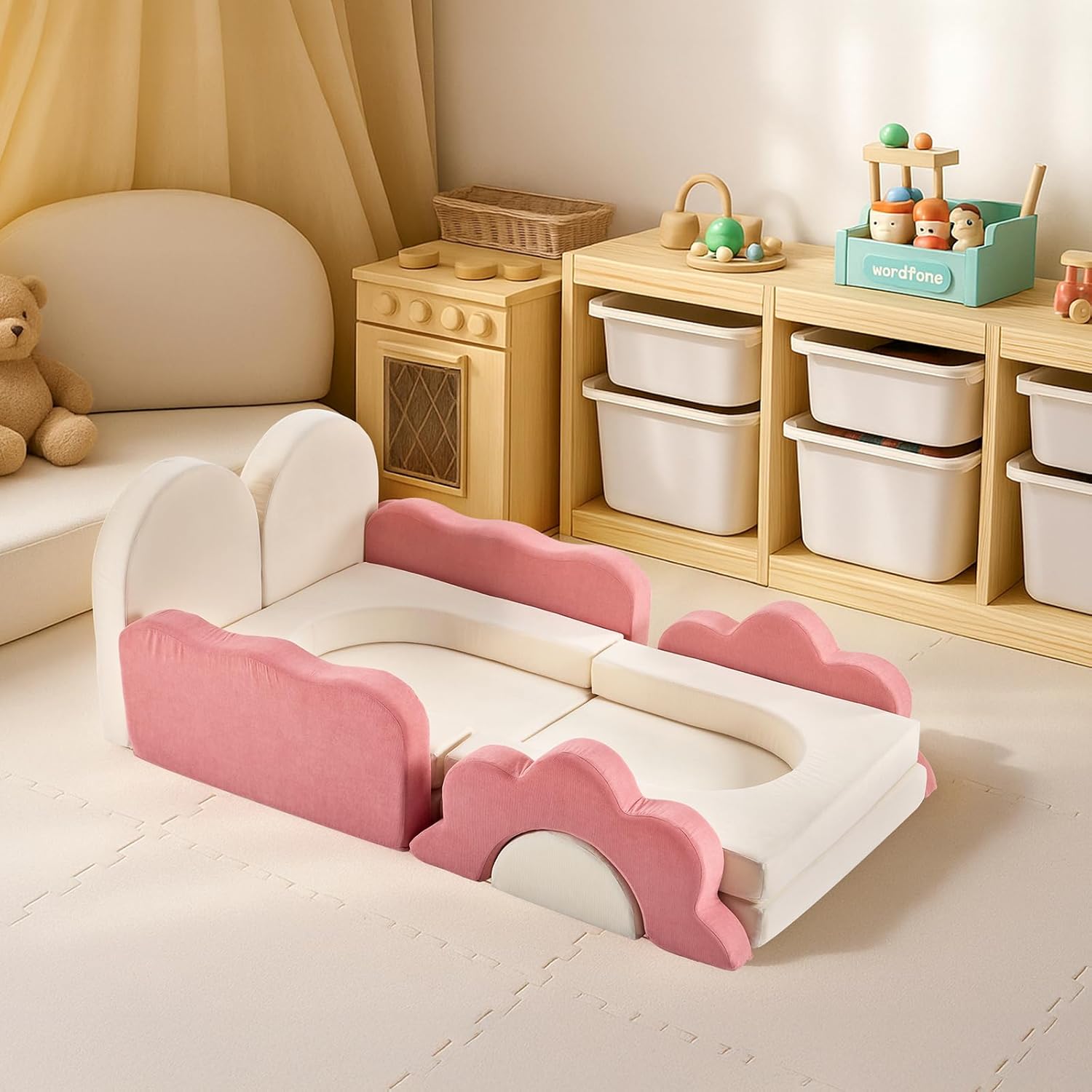 Karl home Kids Couch 12PCS, Modular Kids Play Couch, Indoor Multifunctional Foam Toddler Sofa with Flower Shape, Sectional Convertible Sofa Imaginative Furniture Play Set for Playroom, Pink & White