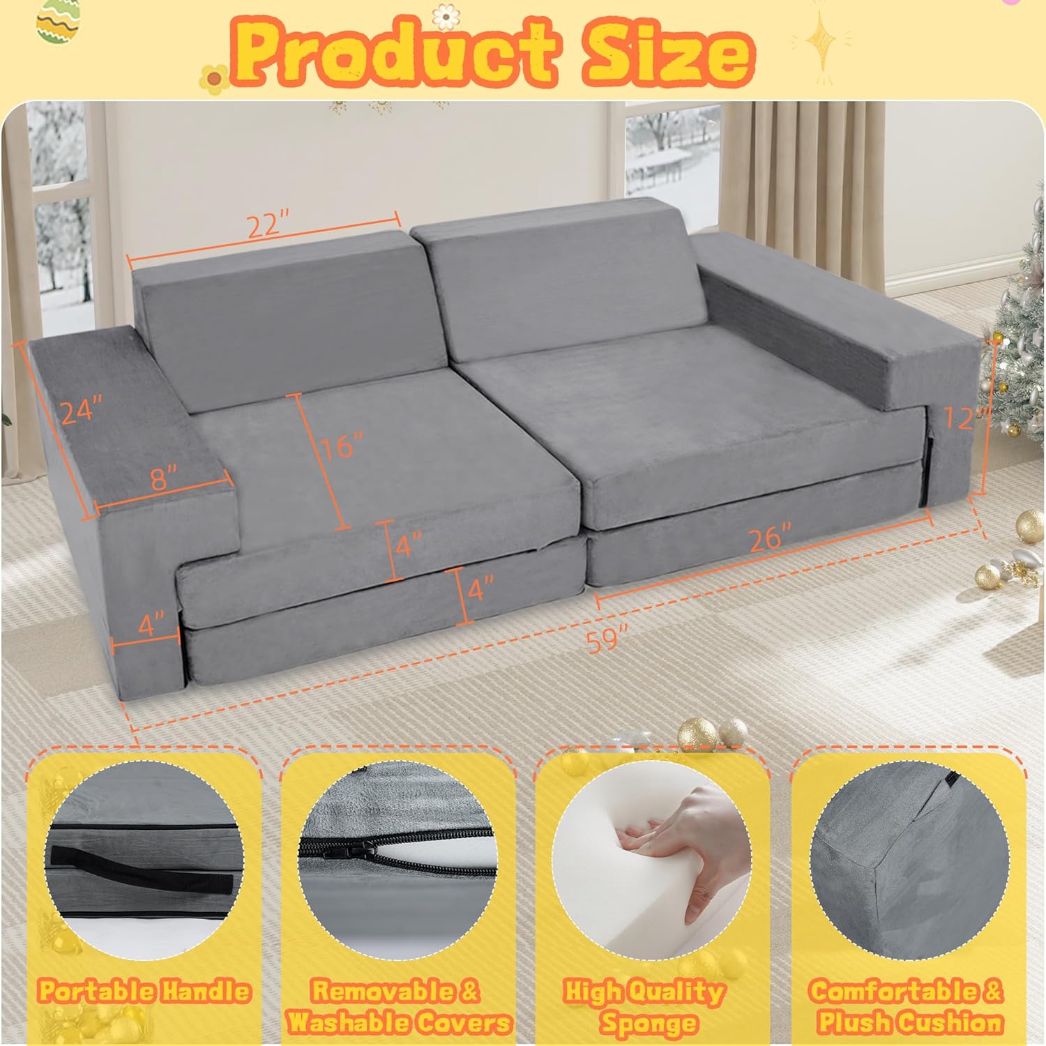 Alternative view of LFCREATOR Kids Play Couch, Modular Convertible Play Couch for Toddler and Baby Playroom/Bedroom, Gift for Kids, Grey