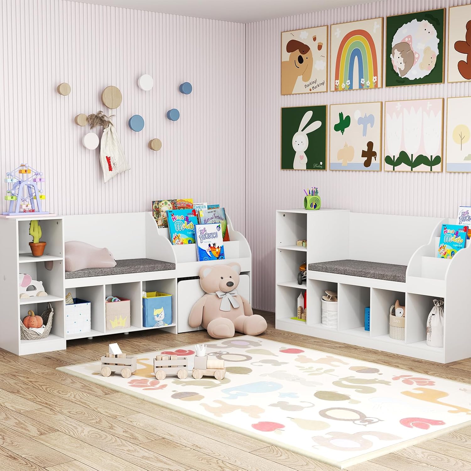 HONEY JOY 53.5" Kids Bookshelf with Reading Nook, Toy Storage Organizer w/Seat Cushion, 7 Cubbies, Kids Display Bookcase w/Bench, Toy Chest and Storage Cabinet for Playroom, Bedroom, Nursery - Image 7