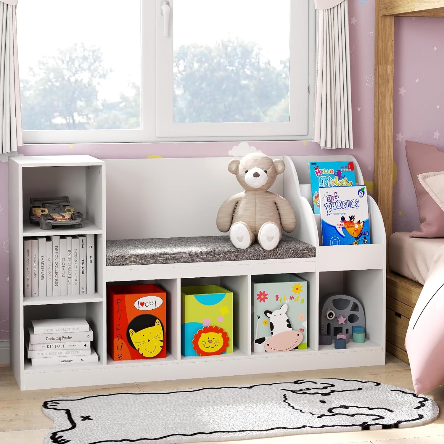 HONEY JOY 53.5" Kids Bookshelf with Reading Nook, Toy Storage Organizer w/Seat Cushion, 7 Cubbies, Kids Display Bookcase w/Bench, Toy Chest and Storage Cabinet for Playroom, Bedroom, Nursery - Image 8