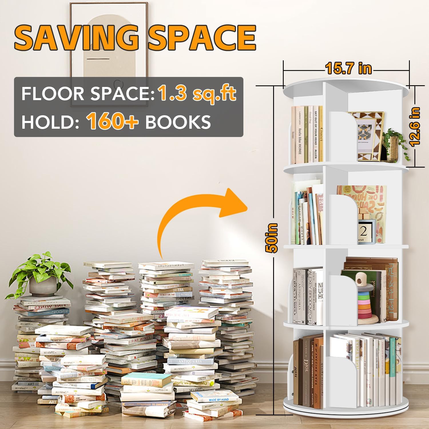 RUNSUNSPRI 4 Tier Rotating Bookshelf Tower, Spinning Bookshelf, Revolving 360° Bookcase Storage Round Carousel, Vertical Rotate Turning Spiral Corner Organizer Lazy Susan, White