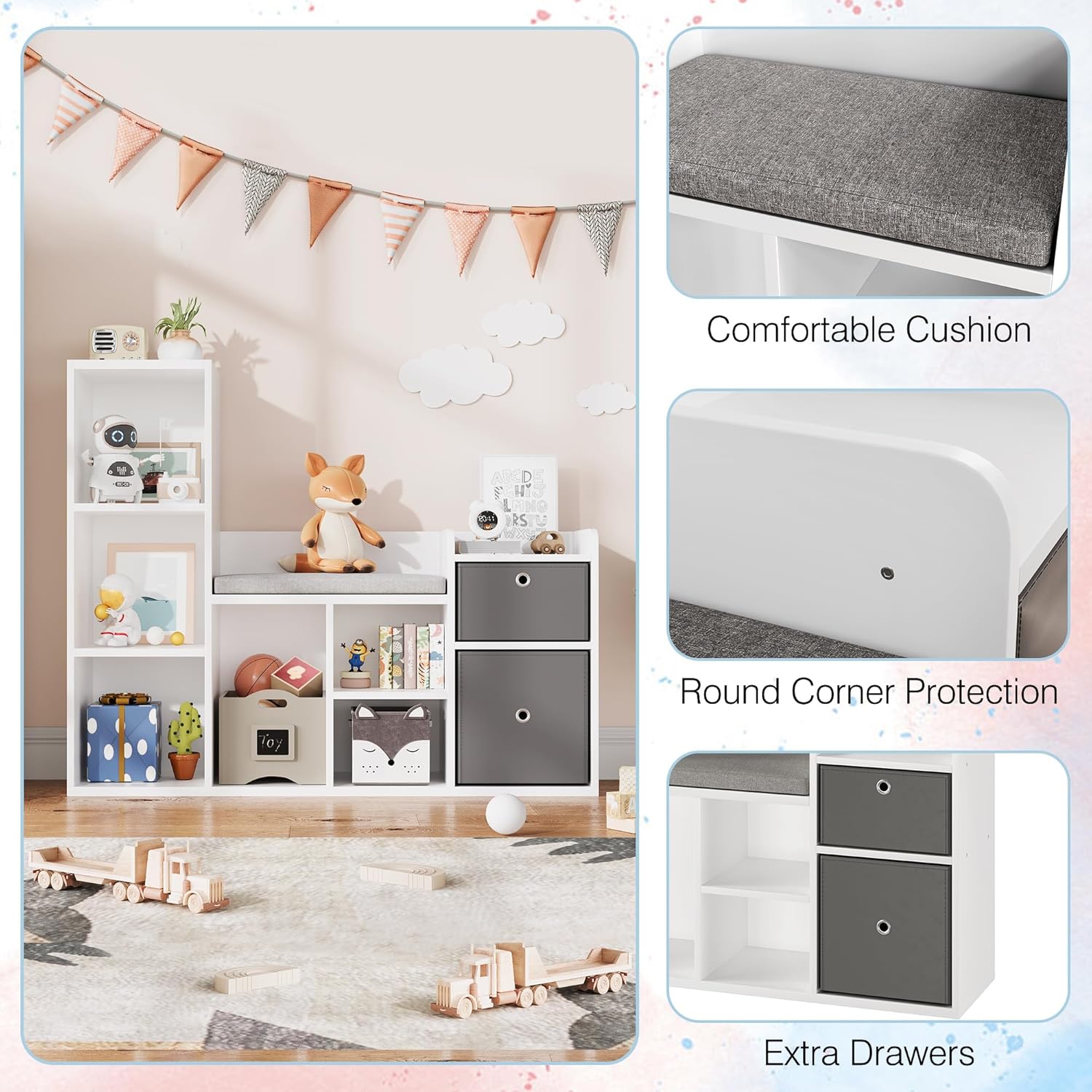 Alternative view of OUTGOODS Kids Bookcase with Reading Nook, 44-Inch Toy Storage Bench with Cushion, 6 Cubby Shelves and 2 Fabric Drawers for Playroom or Bedroom