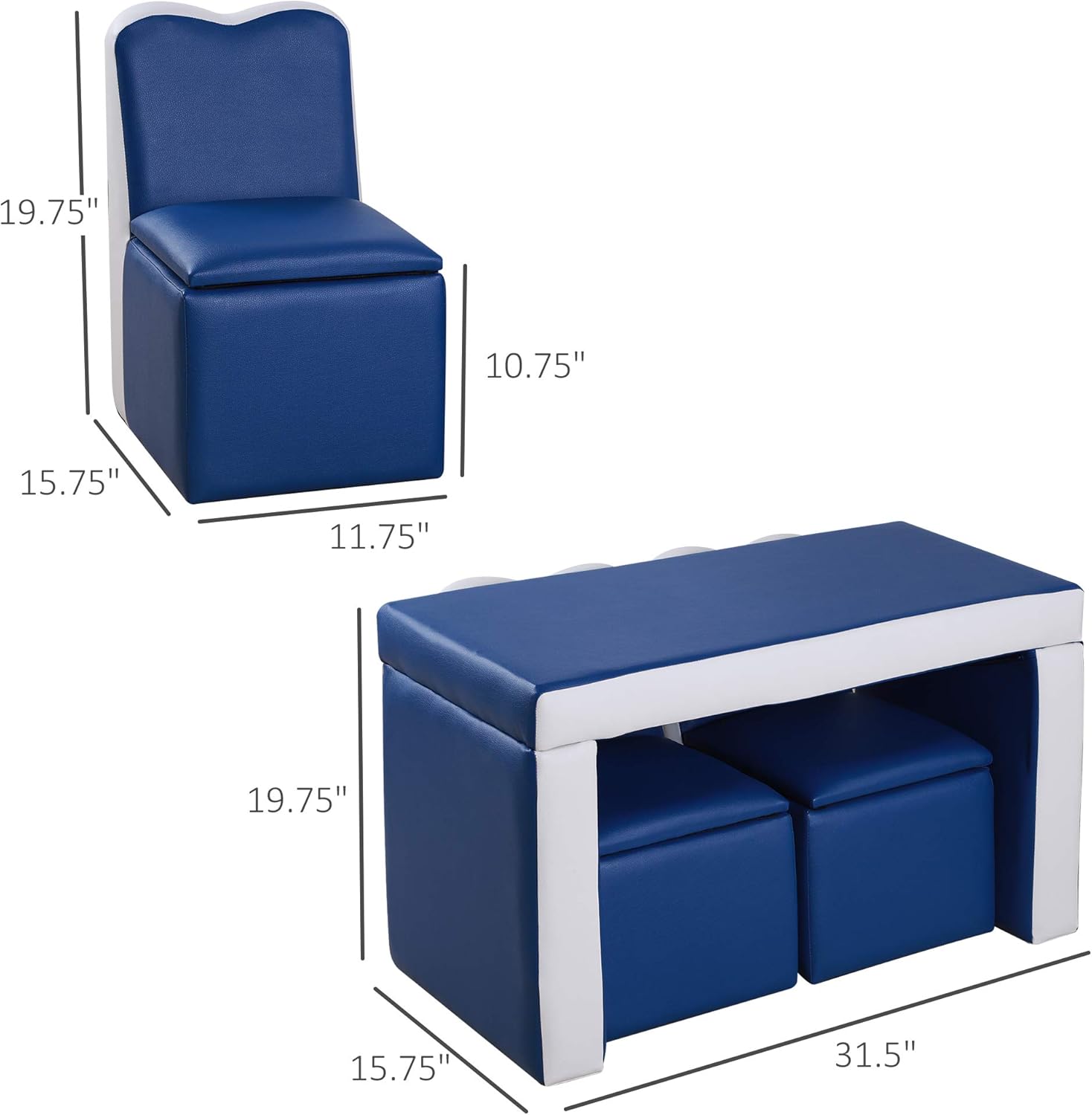 Alternative view of Qaba Kids Sofa Set 2-in-1 Multi-Functional Toddler Table Chair Set 2 Seat Couch Storage Box Soft Sturdy Blue