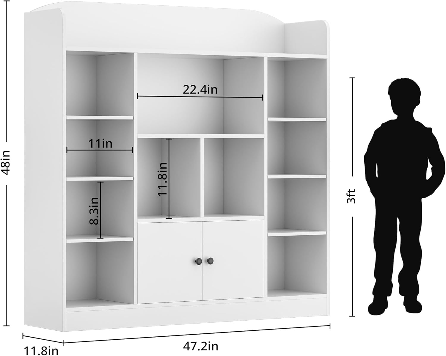 DIYART White Kids Bookshelf, Kids Bookcase with 11 Cubbies and 2 Cabinets, Freestanding Book Storage Shelves for Bedroom, Playroom, Hallway, 47.2" W x 48" H