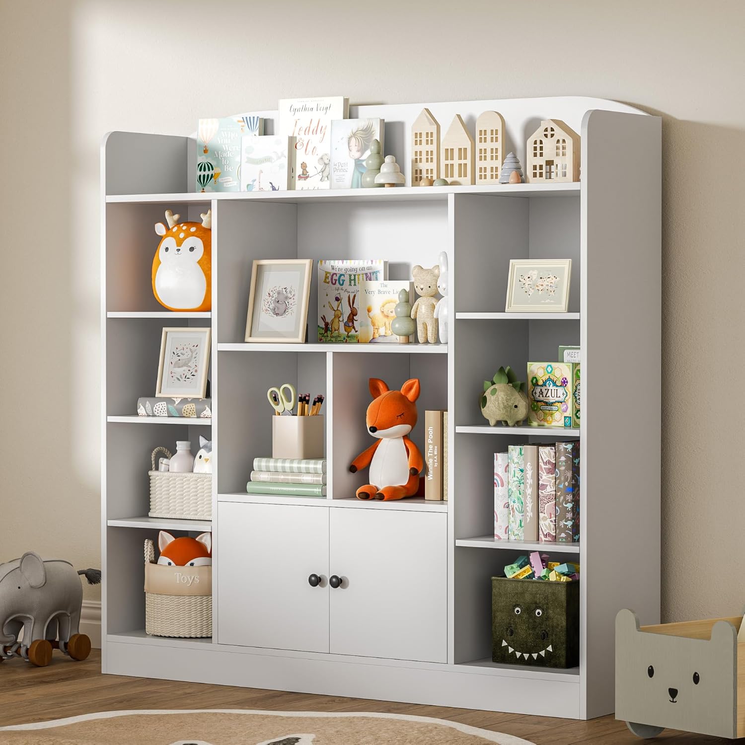 Alternative view of DIYART White Kids Bookshelf, Kids Bookcase with 11 Cubbies and 2 Cabinets, Freestanding Book Storage Shelves for Bedroom, Playroom, Hallway, 47.2" W x 48" H