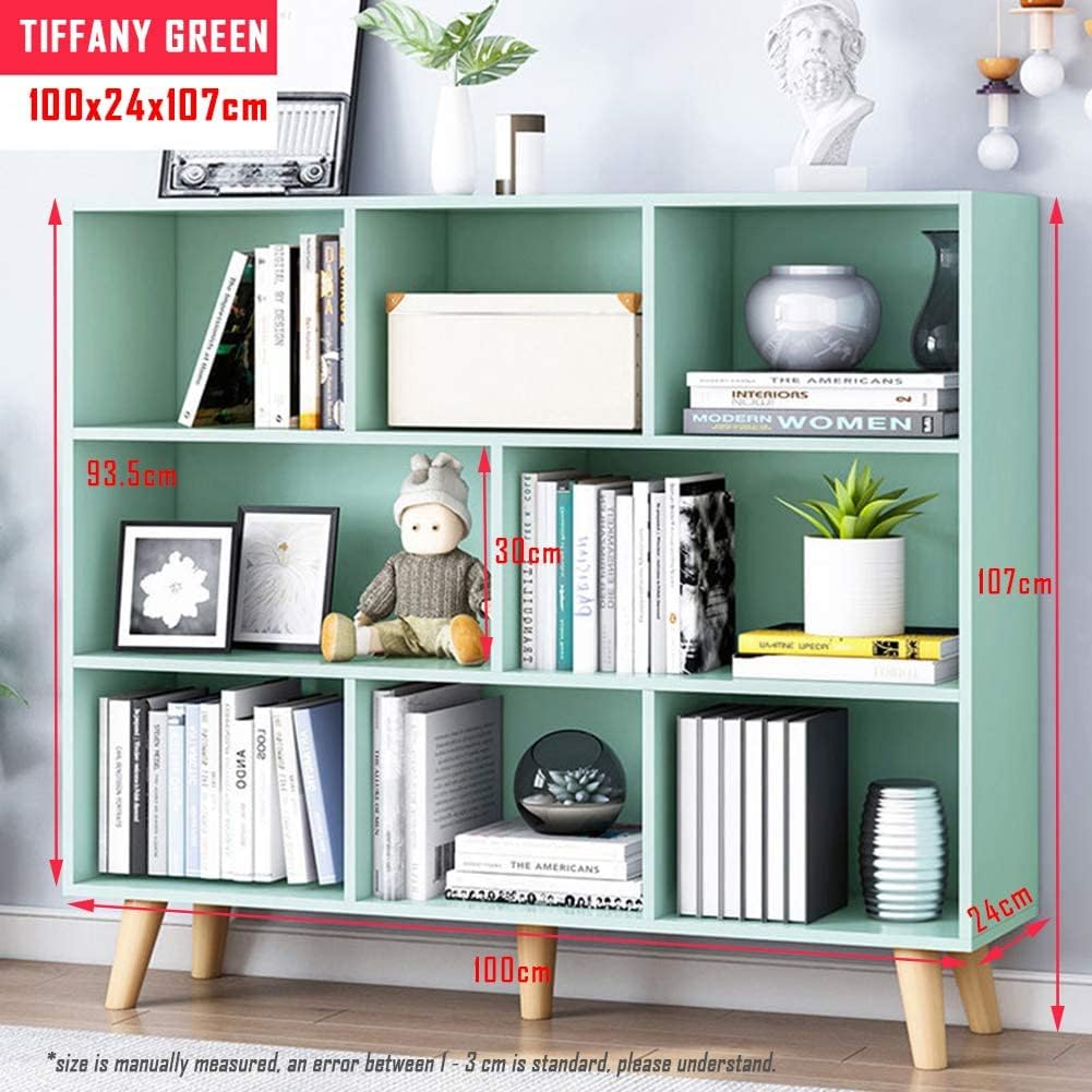 Alternative view of IOTXY Wooden Open Shelf Bookcase - 3-Tier Floor Standing Display Cabinet Rack with Legs, 8 Cubes Bookshelf, Tiffany-Green | Display Cabinet, Rack, with Legs, Bookshelf