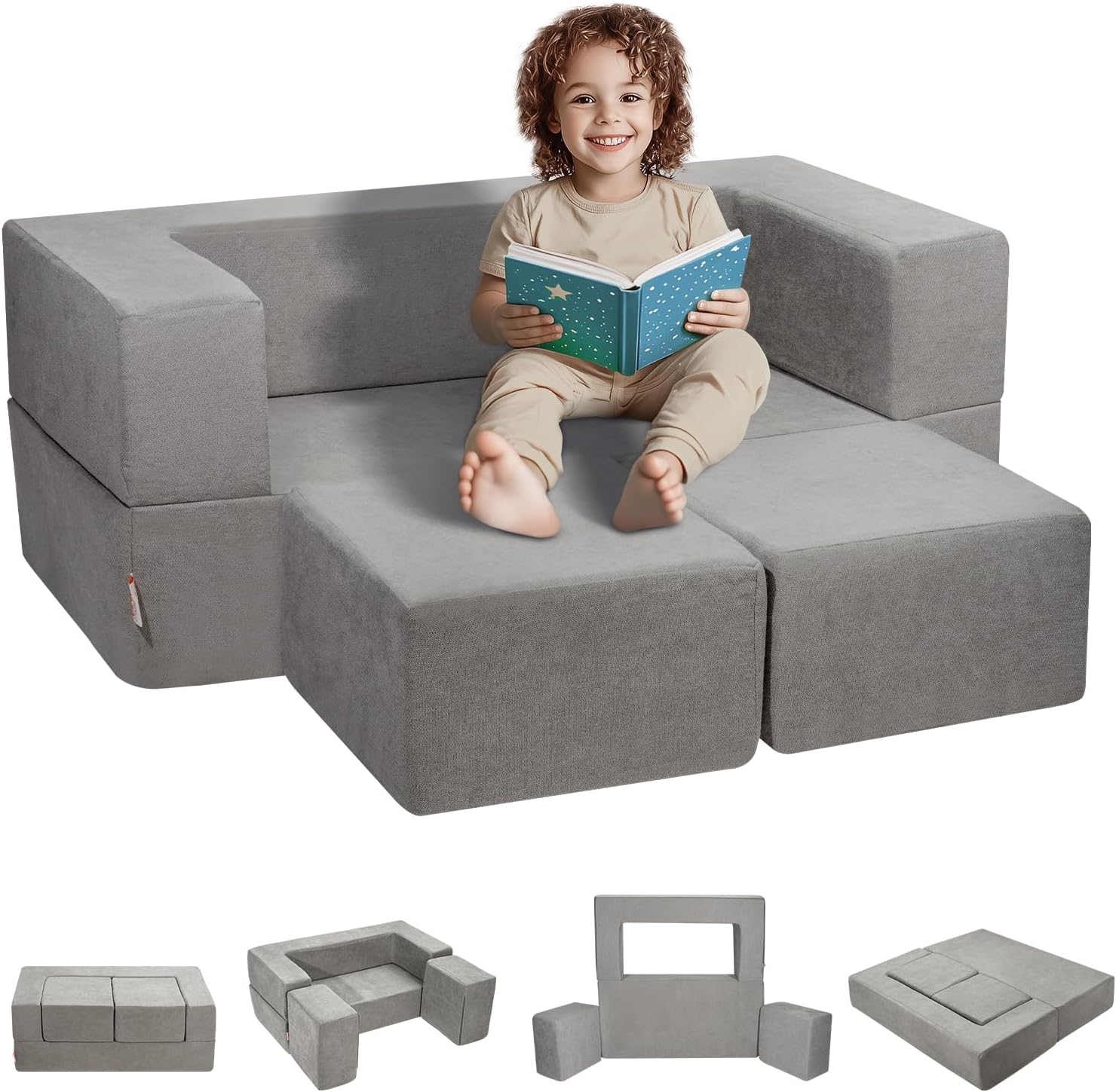 VEVOR Kids Couch, 4Pcs Toddler Couch Sofa Bed, Kids Chair Seat Playroom Furniture, Child Sectional Sofa with Removable Cover for Kids Girls & Boys, Dark Grey - Image 9