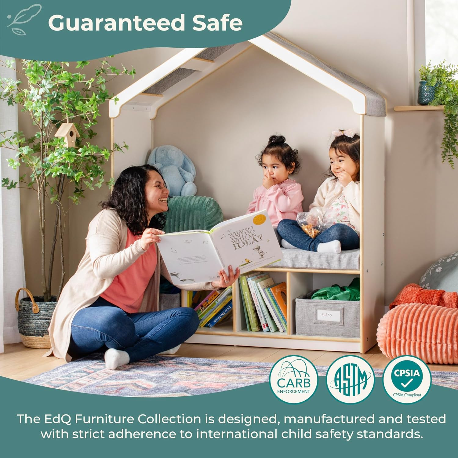 Alternative view of Guidecraft EdQ Kids' Reading Nook - Natural: Wooden Storage Bench Bookcase Organizer with Divided Cubbies and Bins for Books and Toys | Preschool and Homeschool Furniture