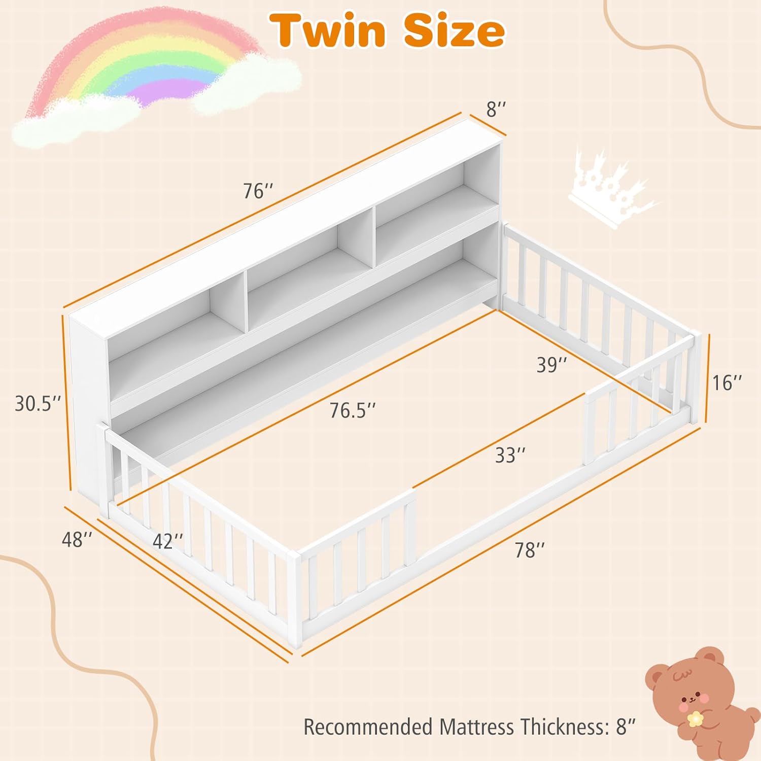 Giantex Twin Floor Bed for Kids, Wooden Montessori Bed Frame with Bookcase, Storage Shelves & Safety Fence Rails, Floor Beds Twin for Girls, Boys, No Box Spring Needed, Without Slats, White