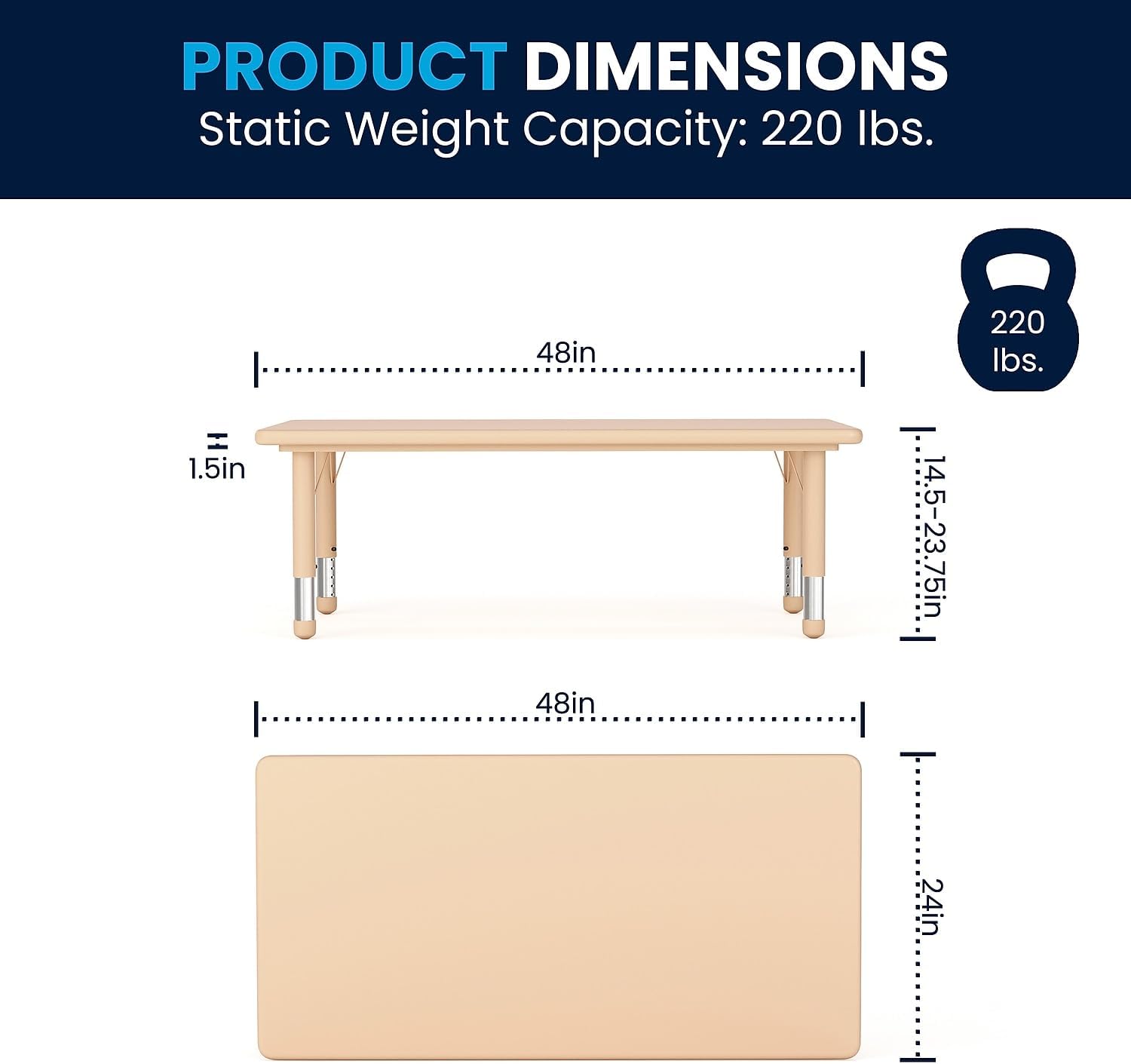 Alternative view of Flash Furniture Adjustable Classroom Activity Table with 6 Stackable Chairs, Rectangular Plastic Activity Table for Kids, 24" W x 48" L, Natural