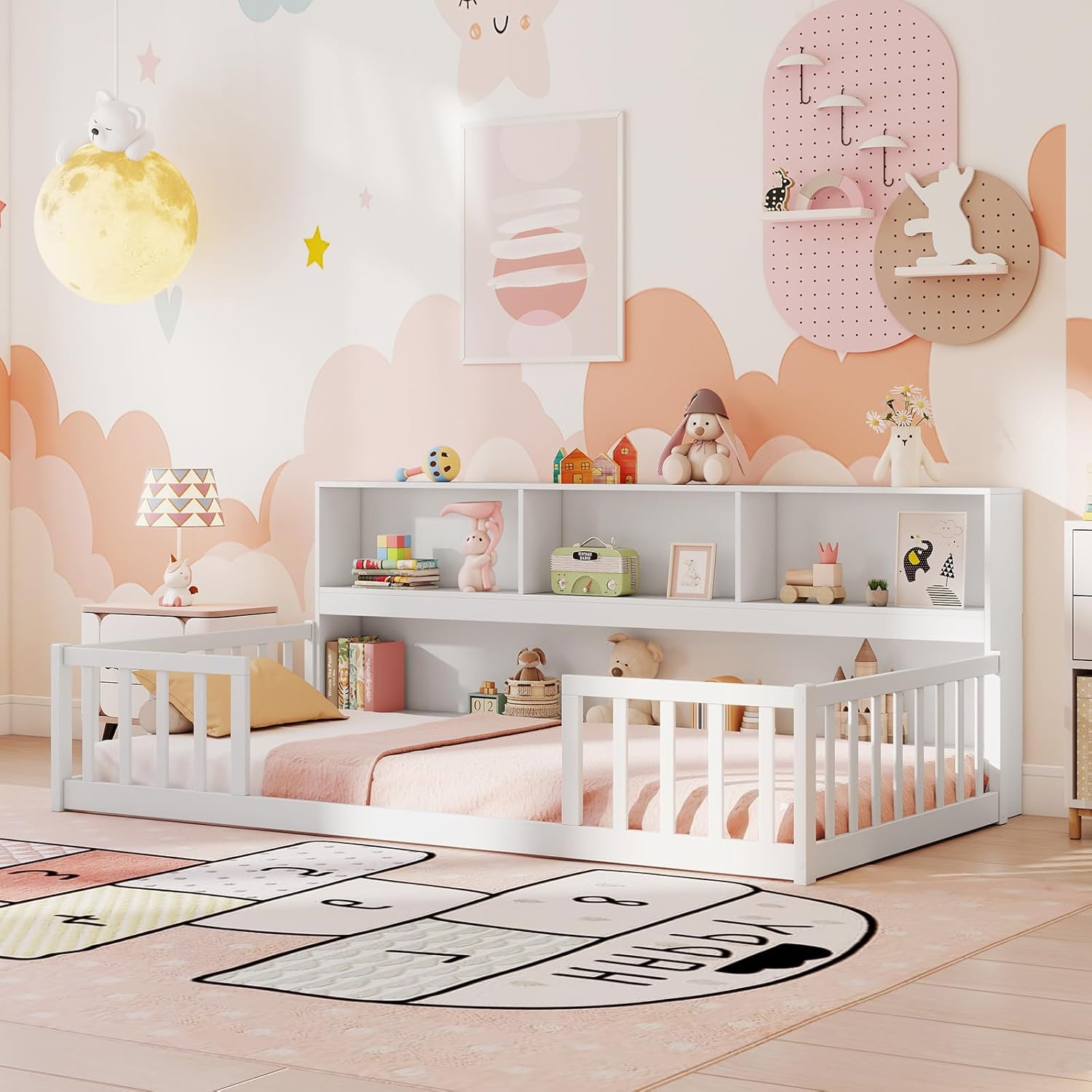 Alternative view of Giantex Twin Floor Bed for Kids, Wooden Montessori Bed Frame with Bookcase, Storage Shelves & Safety Fence Rails, Floor Beds Twin for Girls, Boys, No Box Spring Needed, Without Slats, White