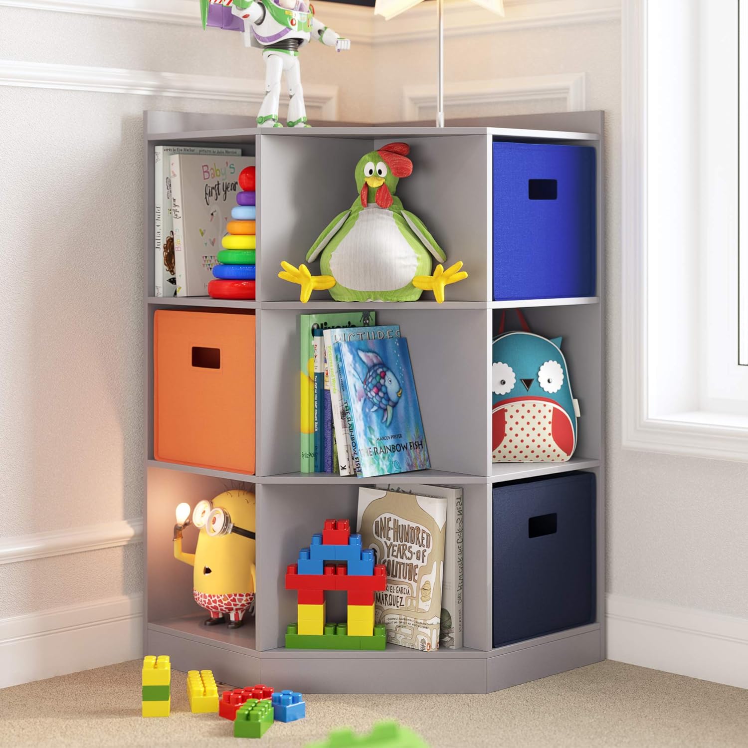 RiverRidge Kids Toy Storage Corner Cabinet with 6 Cubbies & 3 Angled Shelves - Gray Toy Shelf Cubby Corner Storage Shelf Playroom Toy Organizer