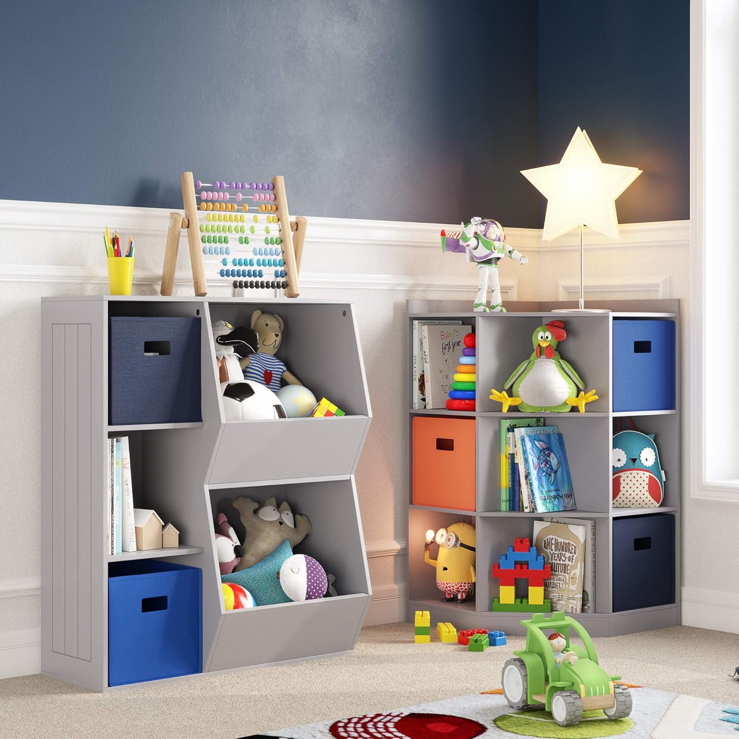 RiverRidge Kids Toy Storage Corner Cabinet with 6 Cubbies & 3 Angled Shelves - Gray Toy Shelf Cubby Corner Storage Shelf Playroom Toy Organizer - Image 3