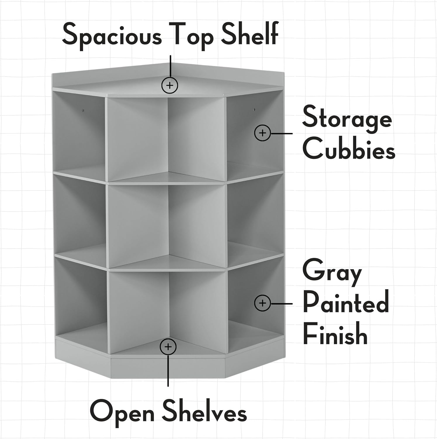 RiverRidge Kids Toy Storage Corner Cabinet with 6 Cubbies & 3 Angled Shelves - Gray Toy Shelf Cubby Corner Storage Shelf Playroom Toy Organizer - Image 4
