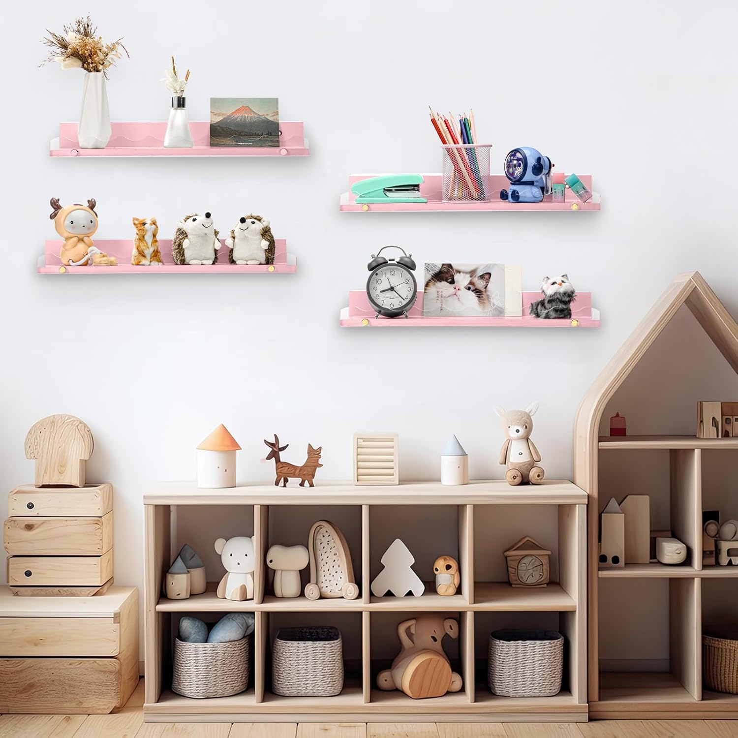 yesaior 4-Pack 16.5 Inches Nursery Book Shelves for Wall, Clear Acrylic and Wooden Floating Rack for Bedroom Kids, Scalloped Book Shelves, Toddler Room, Playroom & Nursery Decor