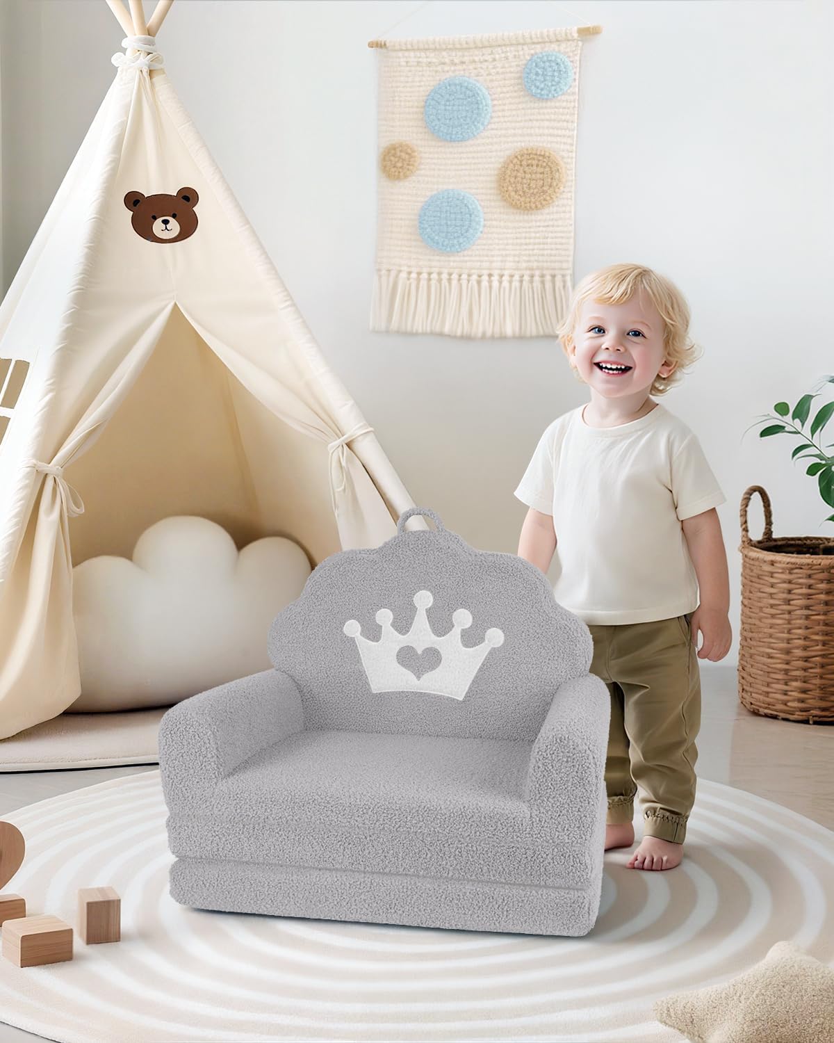 PIIKAGO 2-in-1 Kids Couch Fold Out, Soft Teddy Sherpa Toddler Couch with Crown Design, Convertible Kids Sofa to Lounger for Nap & Playtime, Cozy Children's Furniture for Boys & Girls, Grey