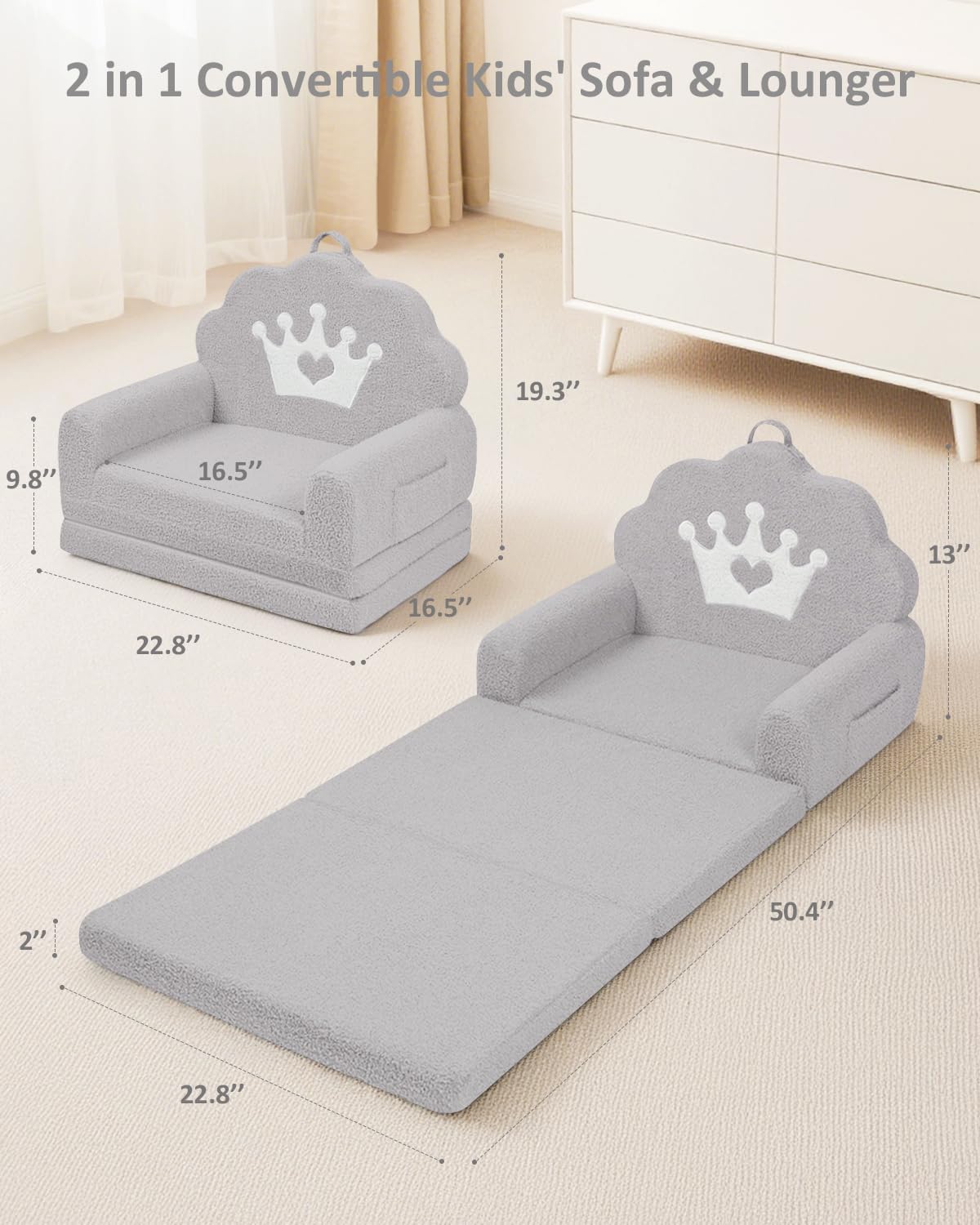 Alternative view of PIIKAGO 2-in-1 Kids Couch Fold Out, Soft Teddy Sherpa Toddler Couch with Crown Design, Convertible Kids Sofa to Lounger for Nap & Playtime, Cozy Children's Furniture for Boys & Girls, Grey