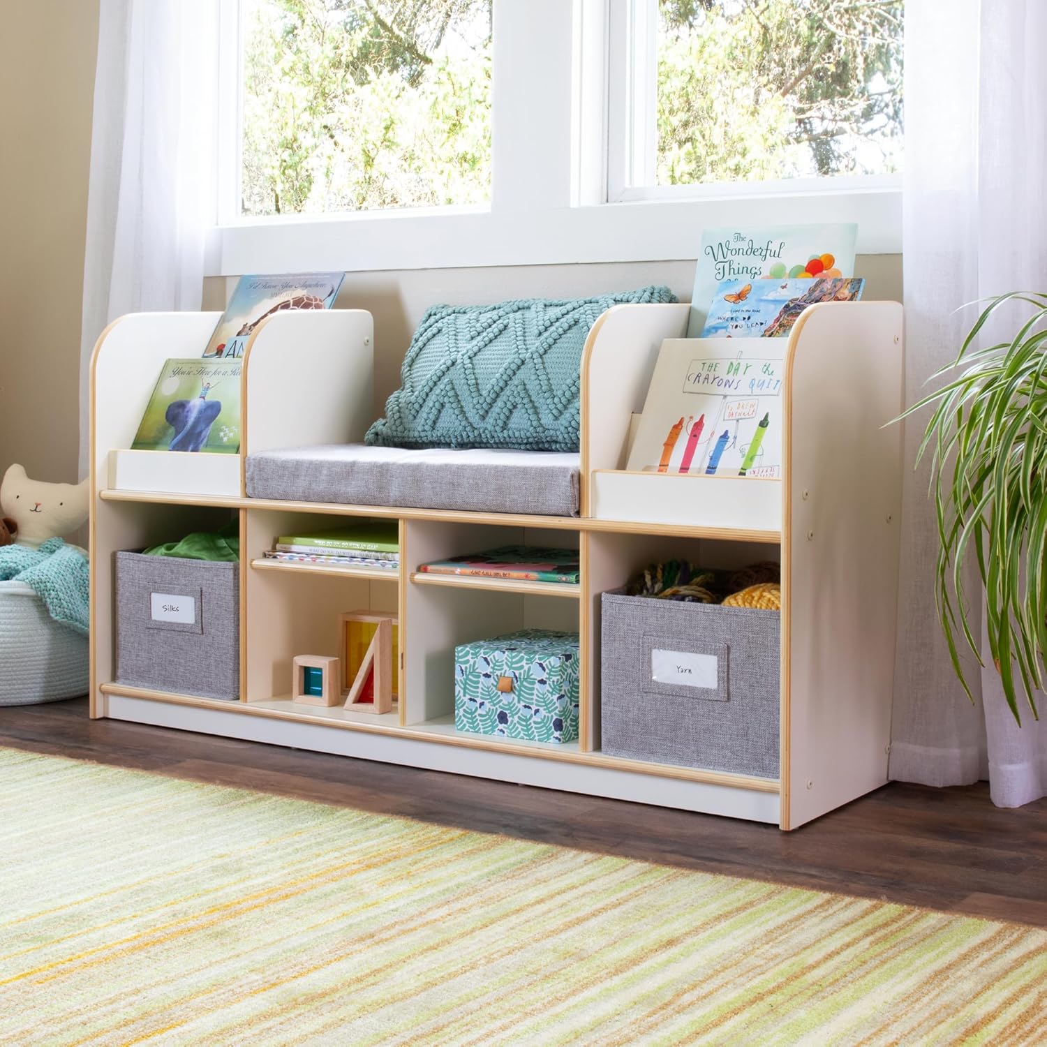Guidecraft EdQ Reading Nook - White: Kids' Bookshelf Bench with Storage Bins, Shelves, and Seat Cushion for Books and Toys; Bedroom, Playroom, and Classroom Furniture