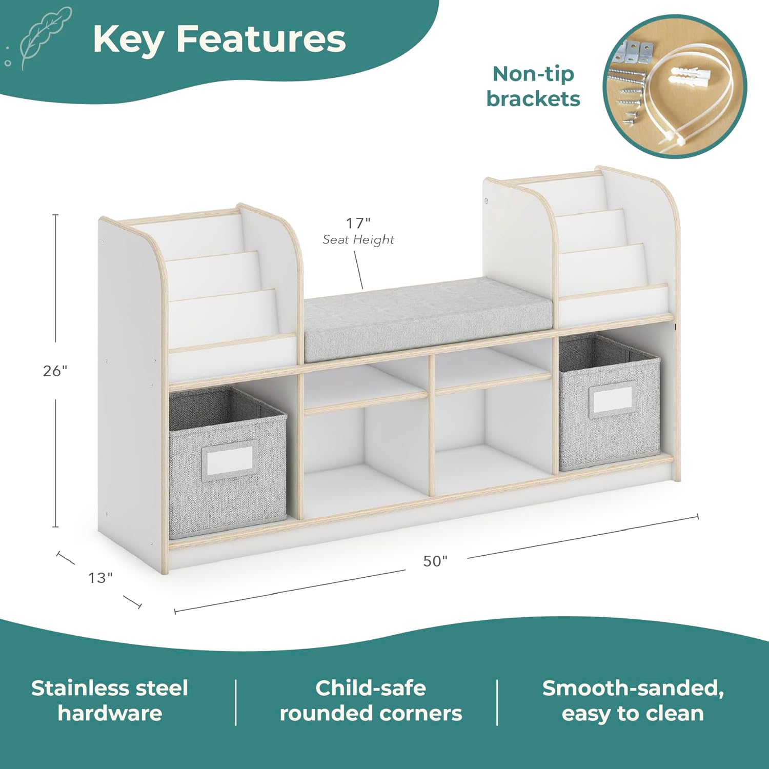 Alternative view of Guidecraft EdQ Reading Nook - White: Kids' Bookshelf Bench with Storage Bins, Shelves, and Seat Cushion for Books and Toys; Bedroom, Playroom, and Classroom Furniture