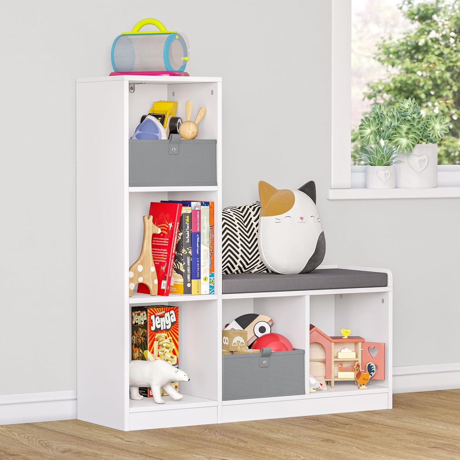 RiverRidge Kids Toy Storage Organizer Bench with 5 Cubby Spots, 2 Gray Fabric Bins & Cushioned Seat for Book Nook Playroom Storage