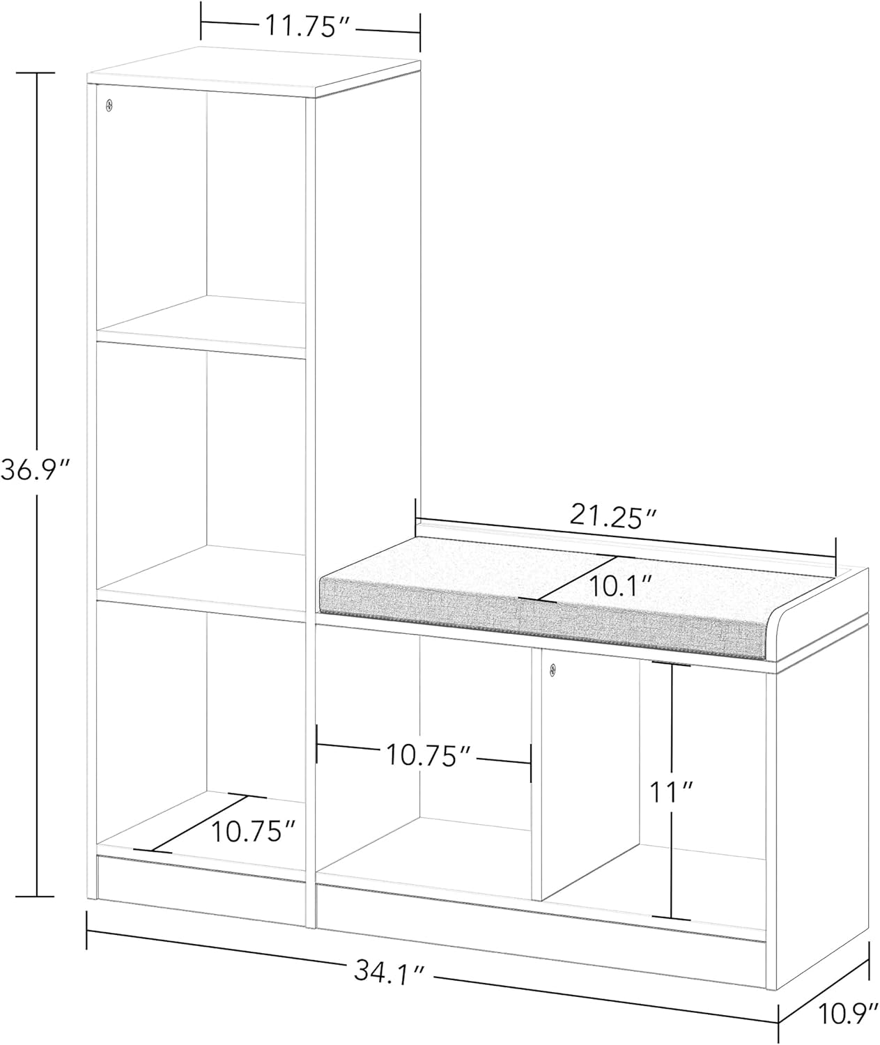 Alternative view of RiverRidge Kids Toy Storage Organizer Bench with 5 Cubby Spots, 2 Gray Fabric Bins & Cushioned Seat for Book Nook Playroom Storage