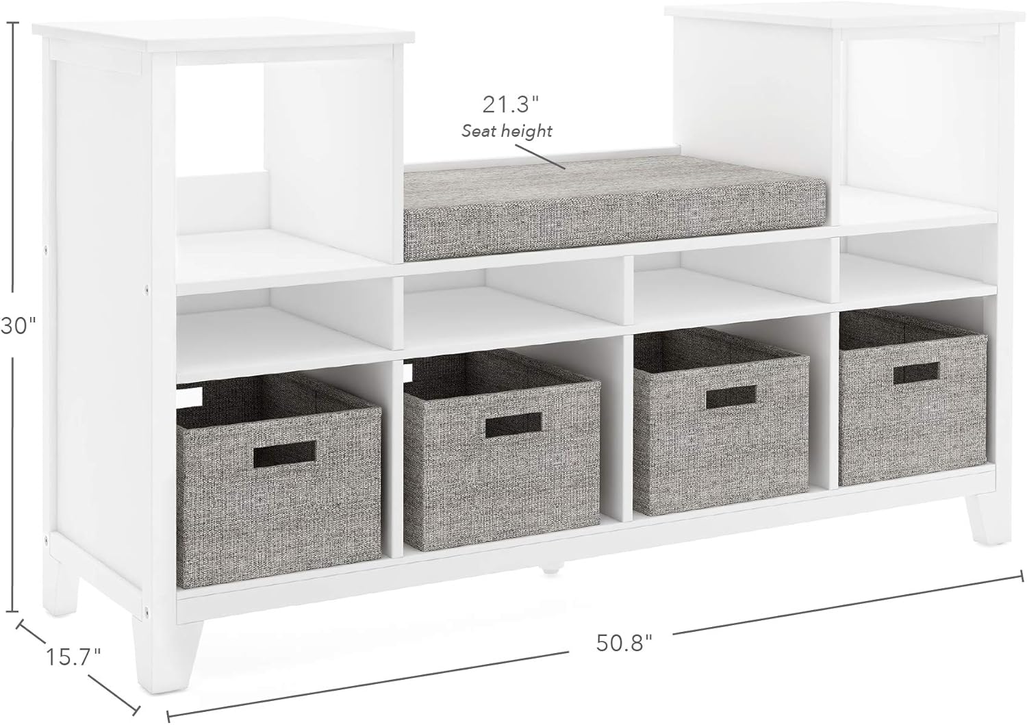 Martha Stewart Kids' Reading Nook - Linen White: Wooden Storage Bench Bookshelf Organizer with Seat Cushion, and Fabric Bins for Toys, Books, Art - Bedroom or Playroom Cubby