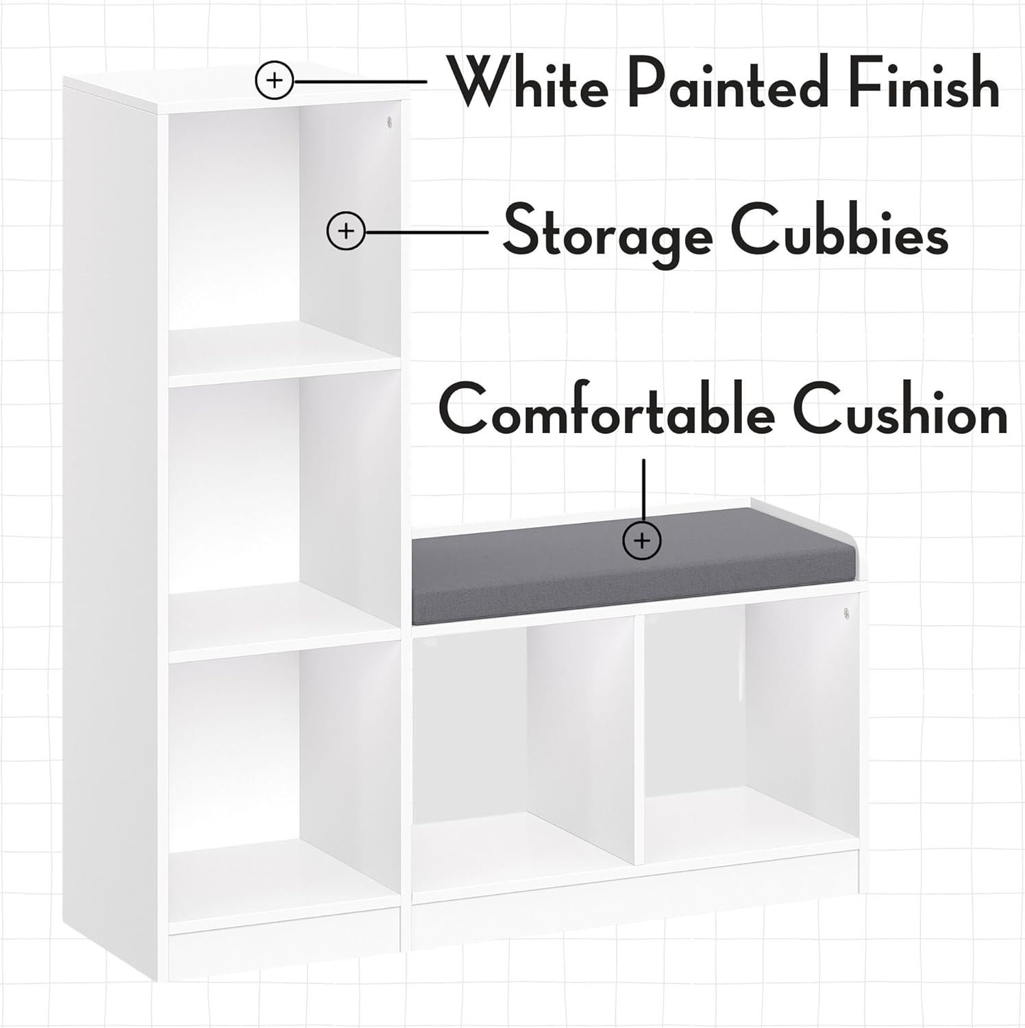 RiverRidge Kids Toy Storage Organizer Bench with 5 Cubby Spots, 2 Gray Fabric Bins & Cushioned Seat for Book Nook Playroom Storage - Image 4