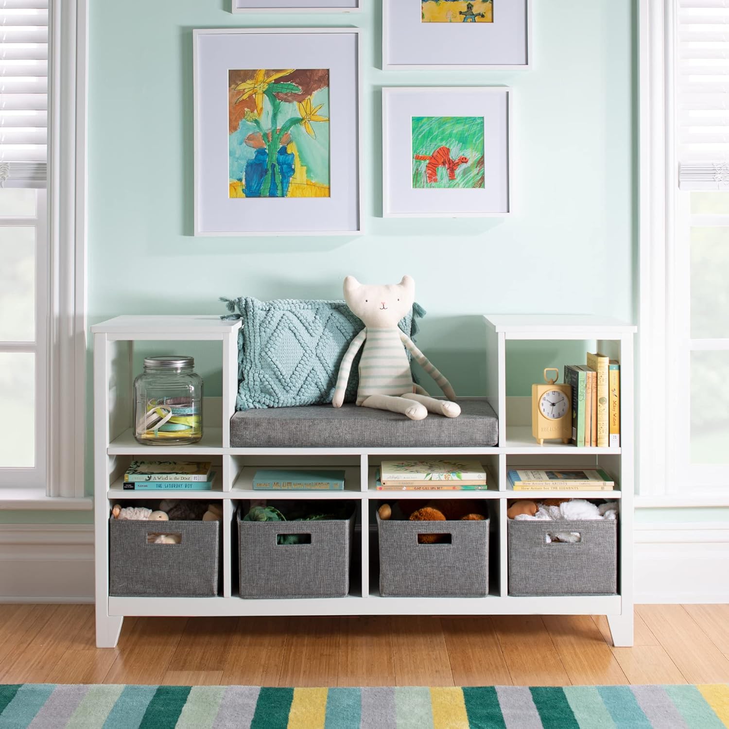Alternative view of Martha Stewart Kids' Reading Nook - Linen White: Wooden Storage Bench Bookshelf Organizer with Seat Cushion, and Fabric Bins for Toys, Books, Art - Bedroom or Playroom Cubby