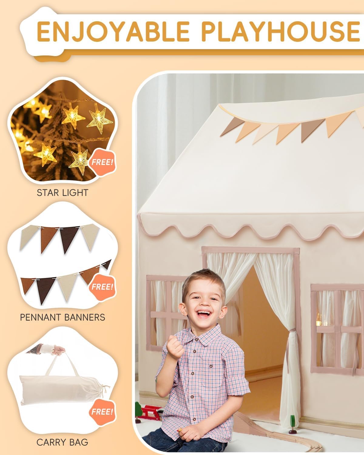 Large Kids Tent Playhouse Base Fabric with Star Lights, Flags and Tote Bags, Kids Play Tent Indoor & Outdoor, Washable Teepee Tent for Boys & Girls, Play House for Toddler, Neutral Color - Image 3