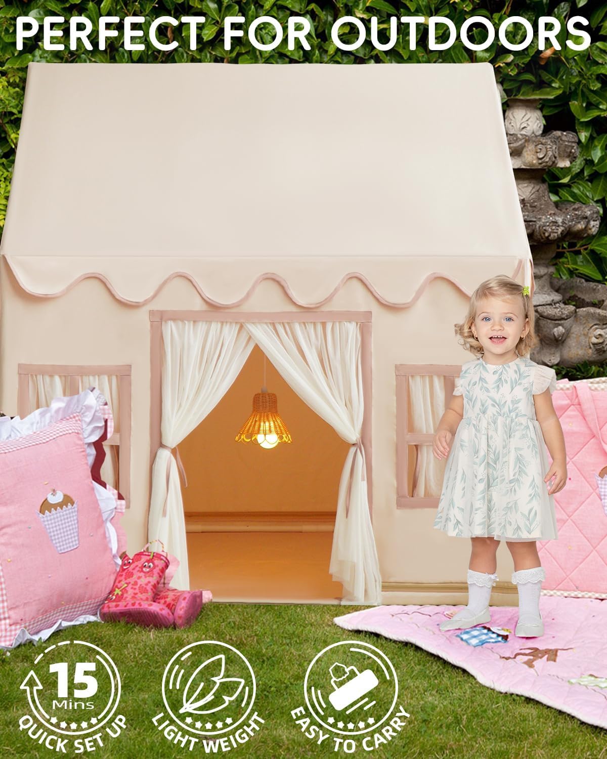 Large Kids Tent Playhouse Base Fabric with Star Lights, Flags and Tote Bags, Kids Play Tent Indoor & Outdoor, Washable Teepee Tent for Boys & Girls, Play House for Toddler, Neutral Color - Image 4