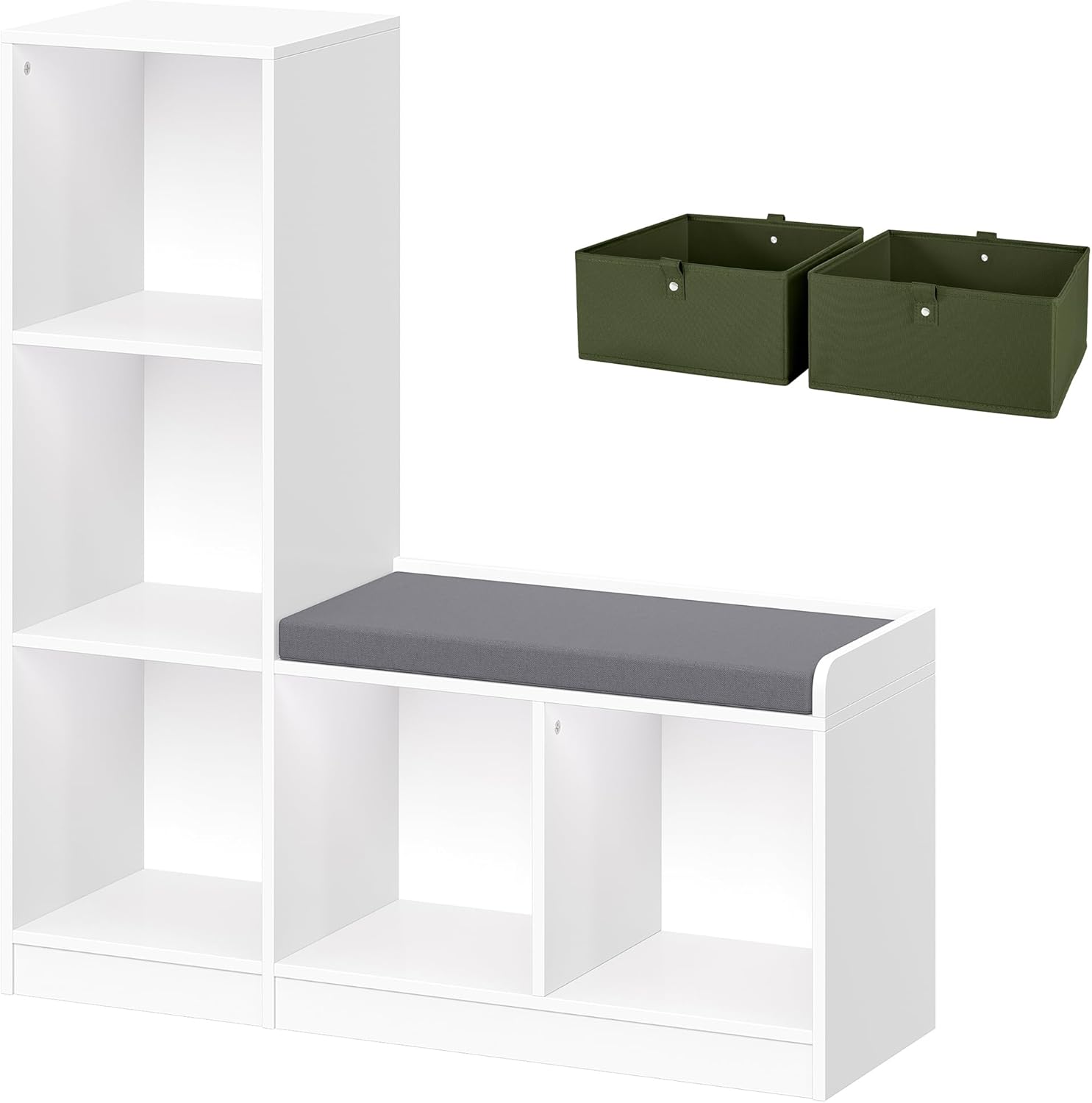 RiverRidge Kids Toy Storage Organizer Bench with 5 Cubby Spots, 2 Gray Fabric Bins & Cushioned Seat for Book Nook Playroom Storage - Image 8