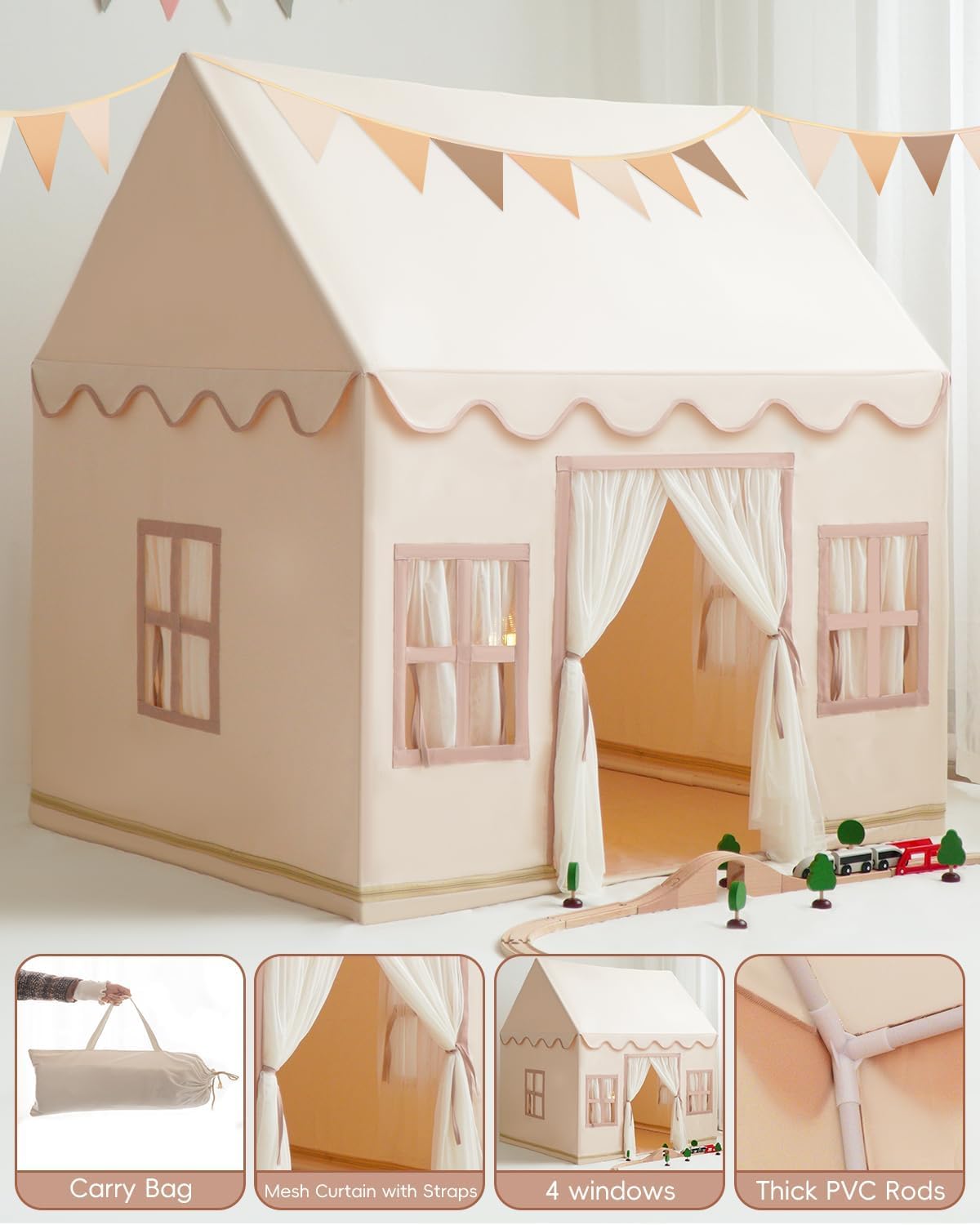 Large Kids Tent Playhouse Base Fabric with Star Lights, Flags and Tote Bags, Kids Play Tent Indoor & Outdoor, Washable Teepee Tent for Boys & Girls, Play House for Toddler, Neutral Color - Image 5