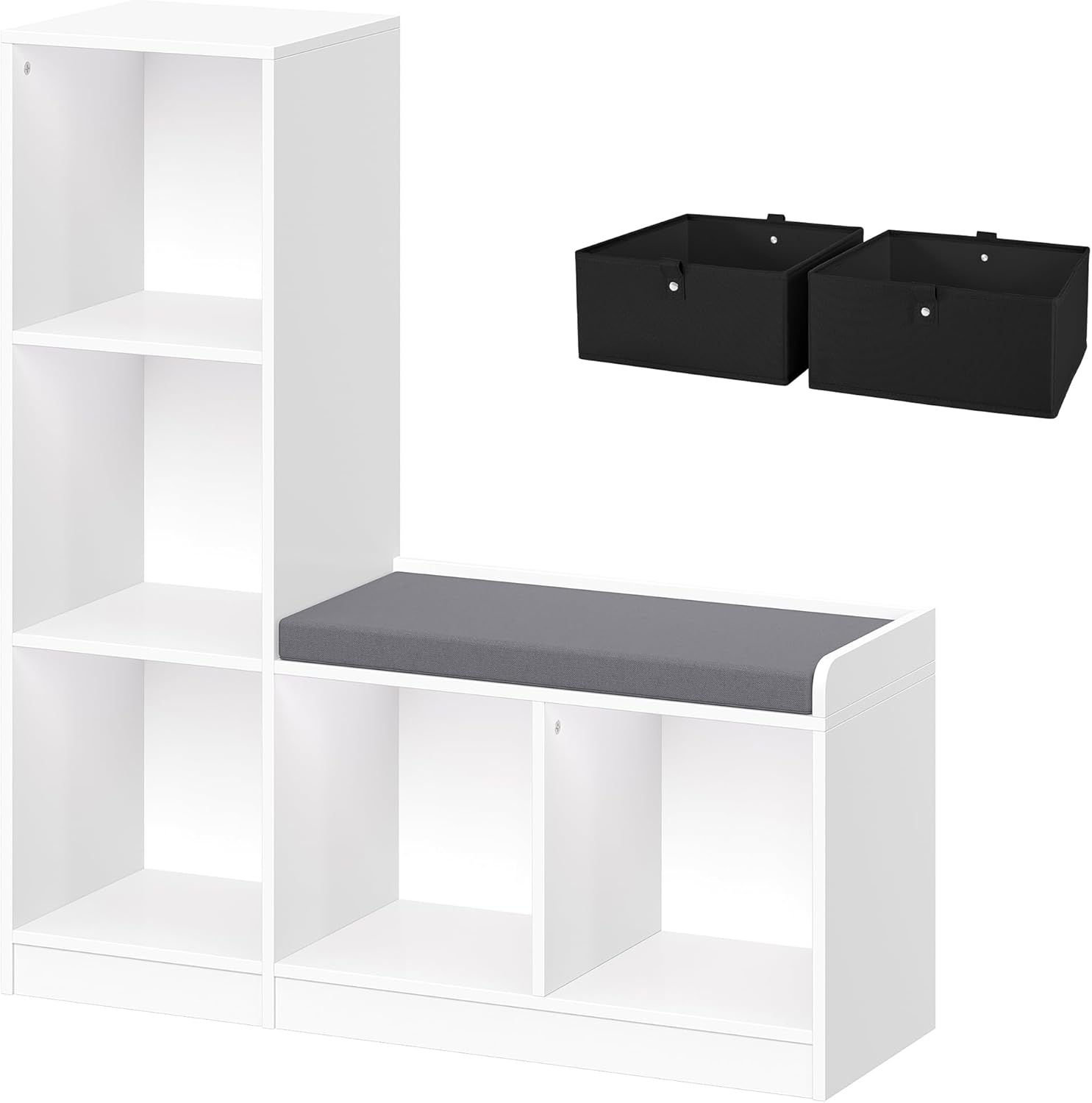RiverRidge Kids Toy Storage Organizer Bench with 5 Cubby Spots, 2 Gray Fabric Bins & Cushioned Seat for Book Nook Playroom Storage - Image 9