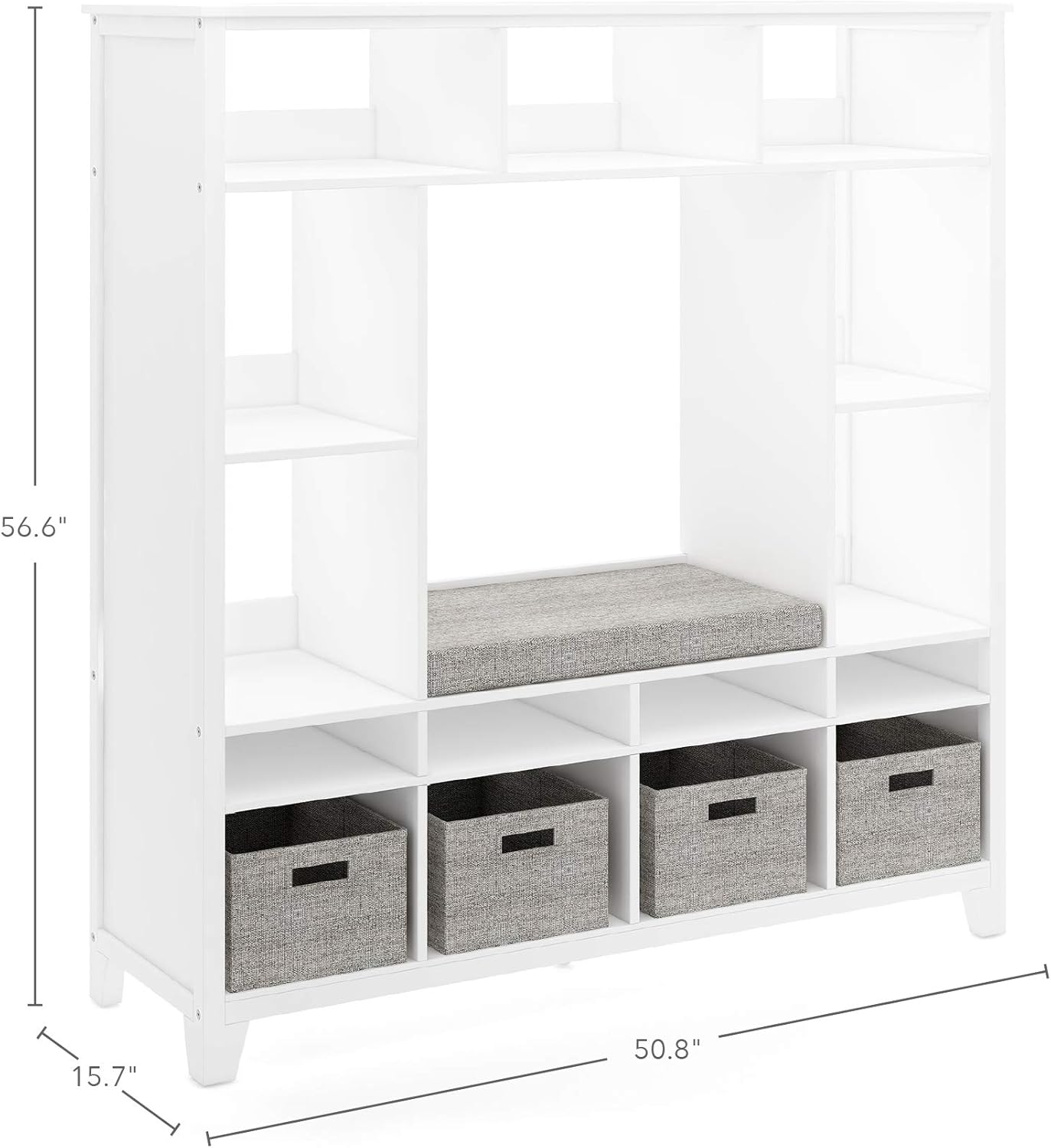 Martha Stewart Kids' Storage System - Linen White: Wood Bookshelf Cubby with Seat Cushion, Shelves and Storage Bins; Reading Nook Bookcase and Kids Room Storage Bench