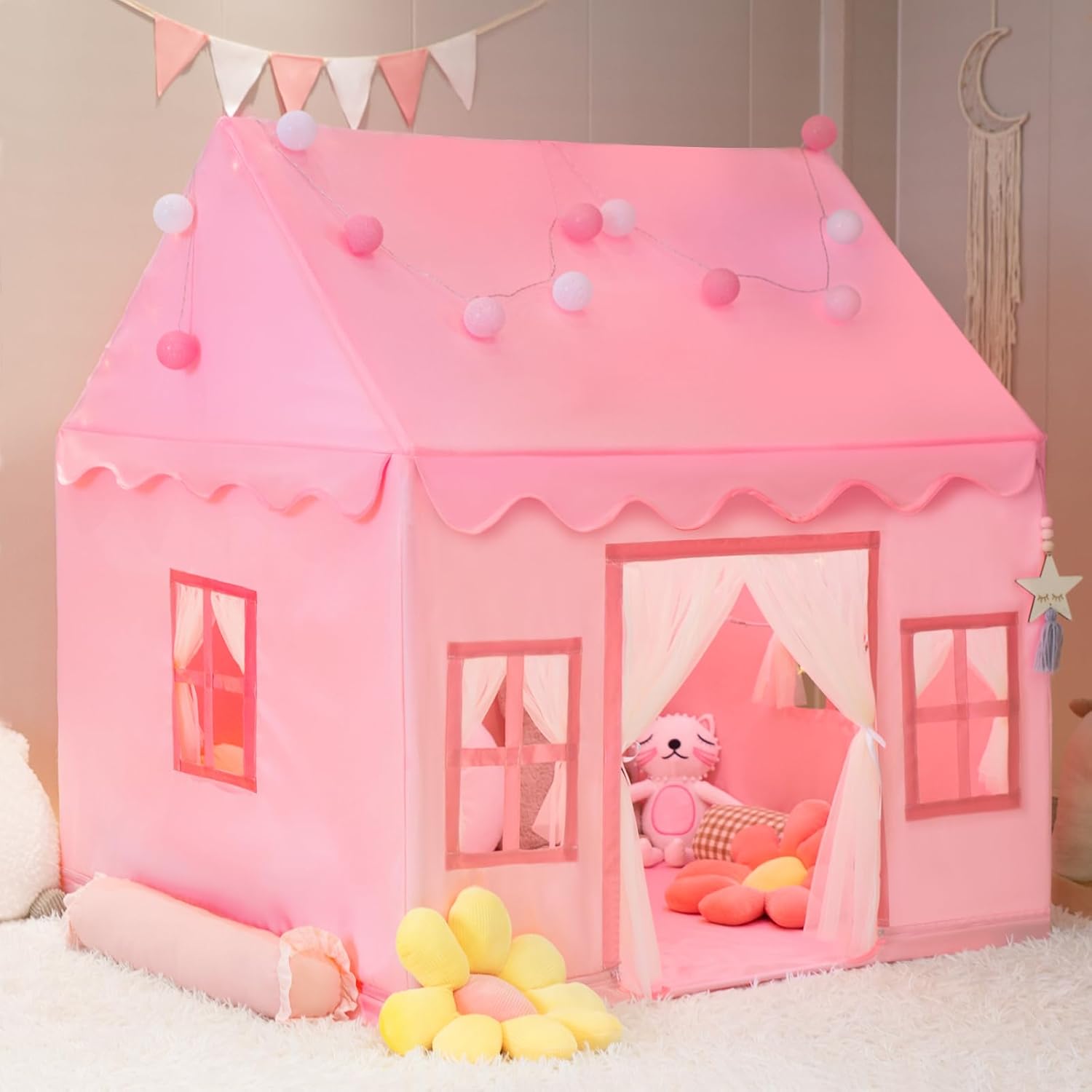 Large Kids Tent Playhouse Base Fabric with Star Lights, Flags and Tote Bags, Kids Play Tent Indoor & Outdoor, Washable Teepee Tent for Boys & Girls, Play House for Toddler, Neutral Color - Image 9