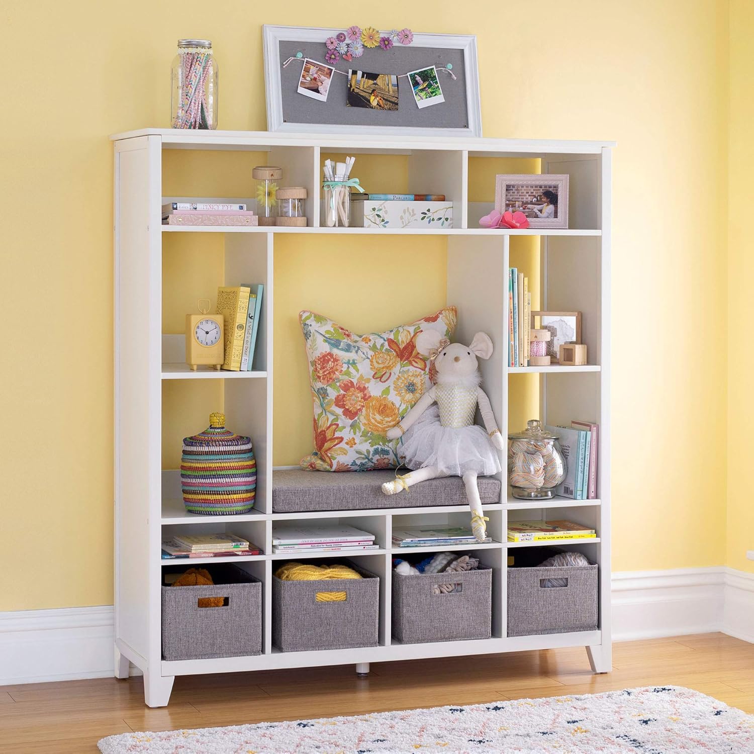 Alternative view of Martha Stewart Kids' Storage System - Linen White: Wood Bookshelf Cubby with Seat Cushion, Shelves and Storage Bins; Reading Nook Bookcase and Kids Room Storage Bench