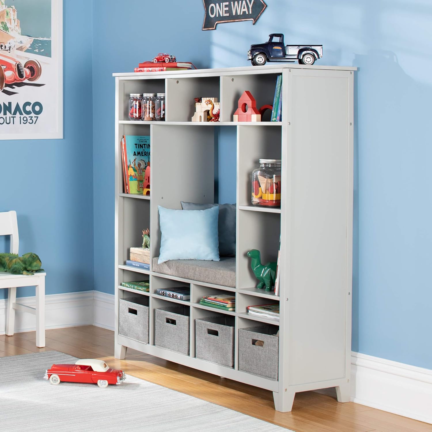 Martha Stewart Kids' Storage System - Linen White: Wood Bookshelf Cubby with Seat Cushion, Shelves and Storage Bins; Reading Nook Bookcase and Kids Room Storage Bench - Image 6