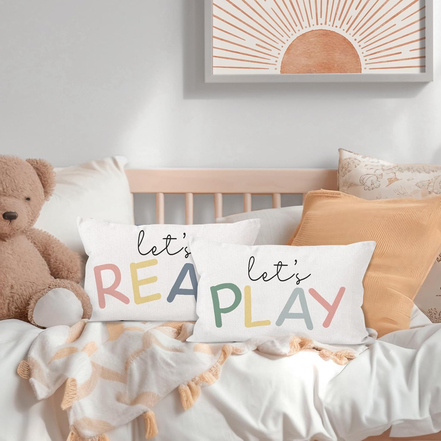 HIWX Kids Playroom Decor, Classroom Throw Pillows Cover,Let's Read Play Decorative 12 x 20 Throw Pillow Cover,Lets Play Read Kids Reading Corner Room Playroom Nursery Decor Set of 2 Pillowcase