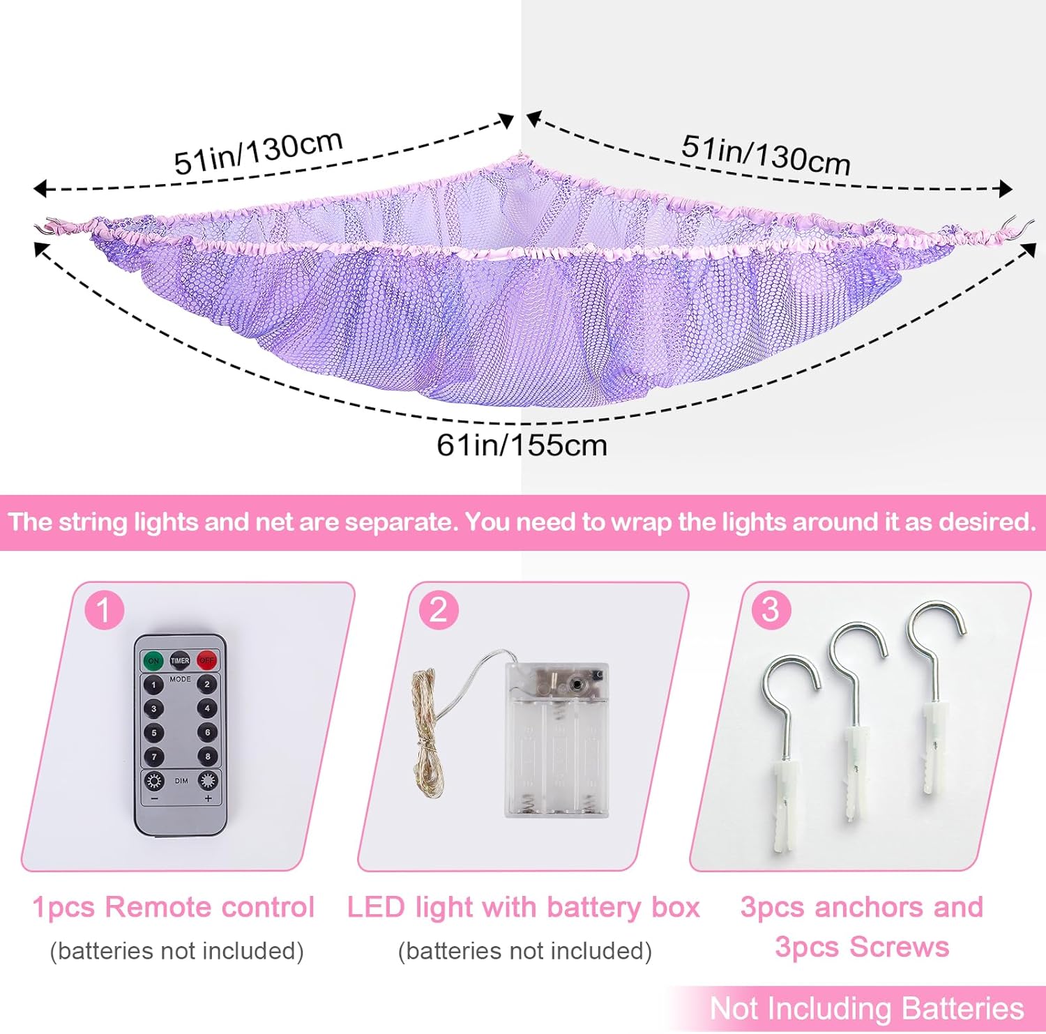 Basumee Stuffed Animals Net or Hammock with LED Light Hanging Toy Net Hammock for Stuffed Animals Storage Stuff Animals Hammocks for Nursery Room with Remote Control, 8 Kinds of Lights(Pack of 1)