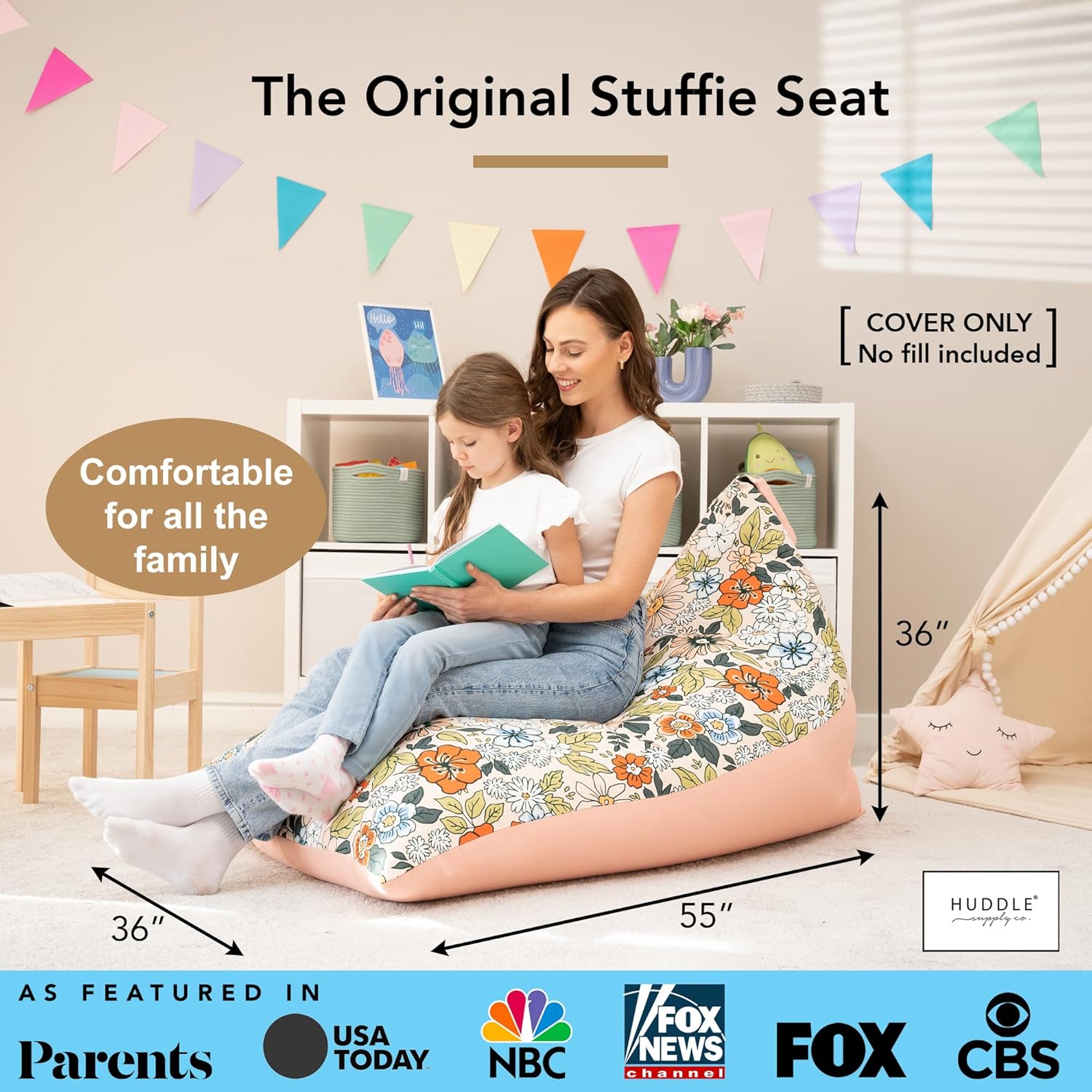 HUDDLE Original Cover for Stuffed Animal Bean Bag Storage (No Filler) XL Designer Beanbag Chairs for Kids & Adults | Instant Clutter Clear for Stylish Moms - 100% Cotton Canvas Chair Cover Boho Floral