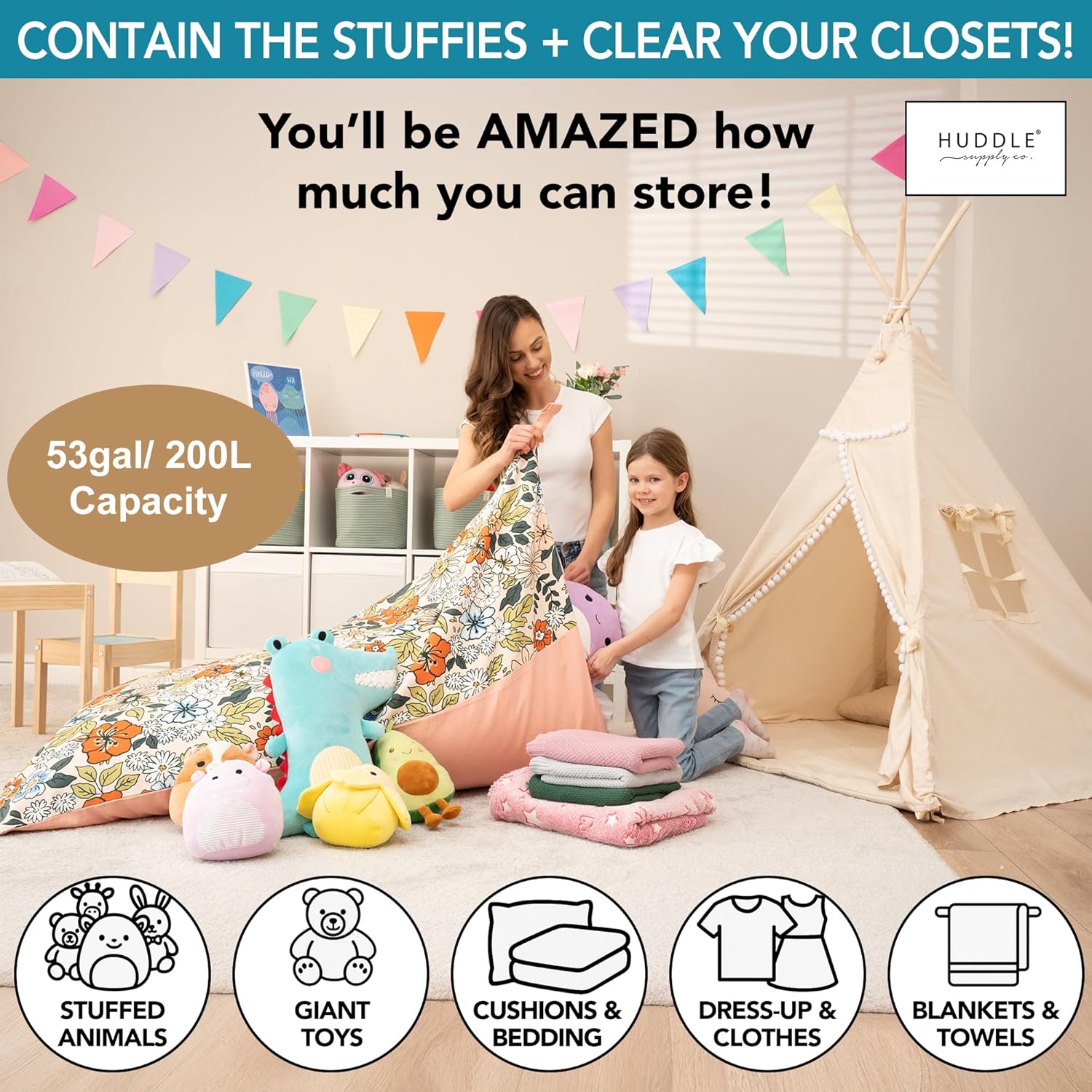 Alternative view of HUDDLE Original Cover for Stuffed Animal Bean Bag Storage (No Filler) XL Designer Beanbag Chairs for Kids & Adults | Instant Clutter Clear for Stylish Moms - 100% Cotton Canvas Chair Cover Boho Floral