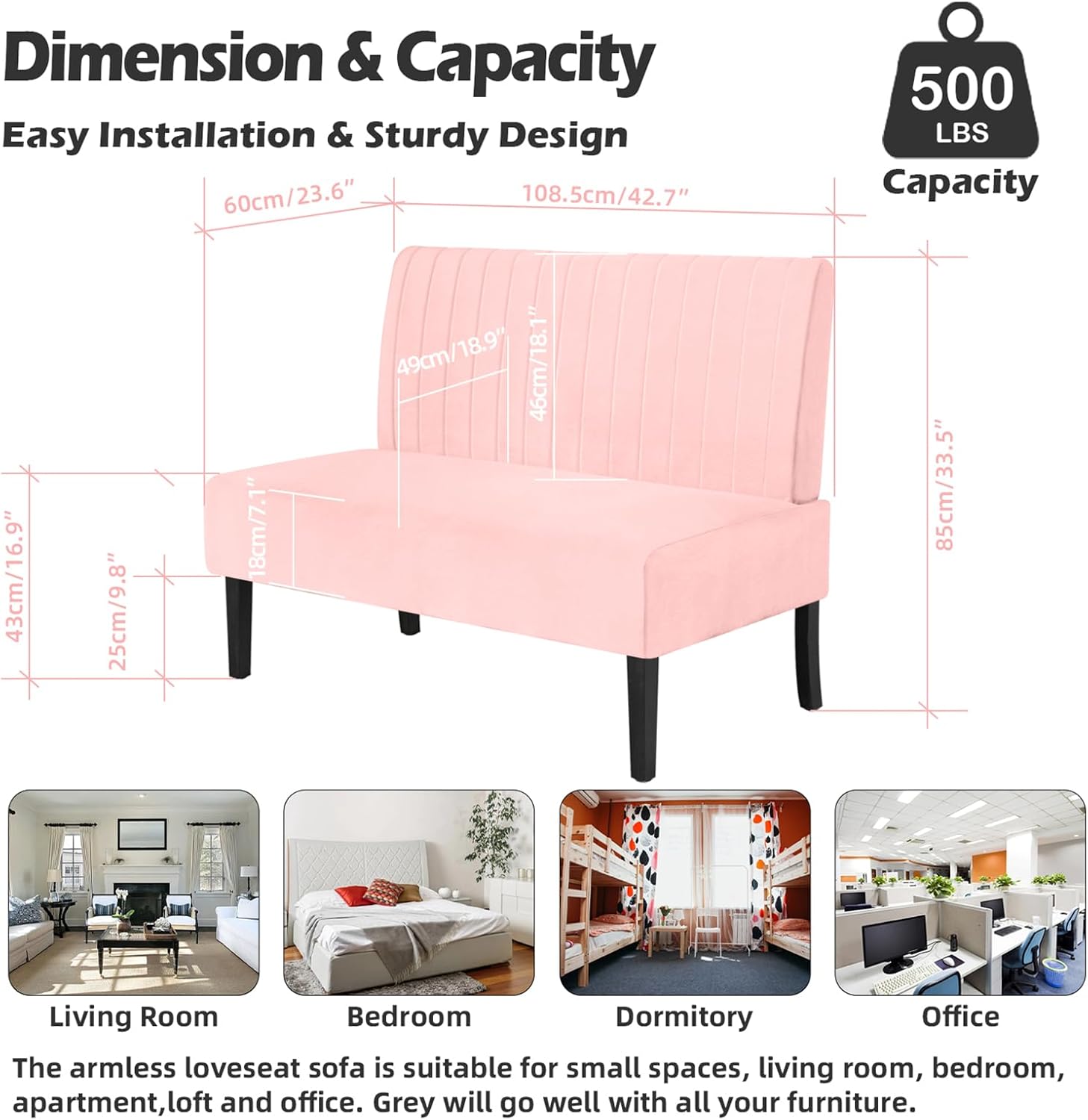 Alternative view of STHOUYN Mini Small Comfy Couch Armless Loveseat Sofa for Bedroom with USB Port, Velvet Couches for Small Spaces Living Room, Apartment Office Dorm (Pink)